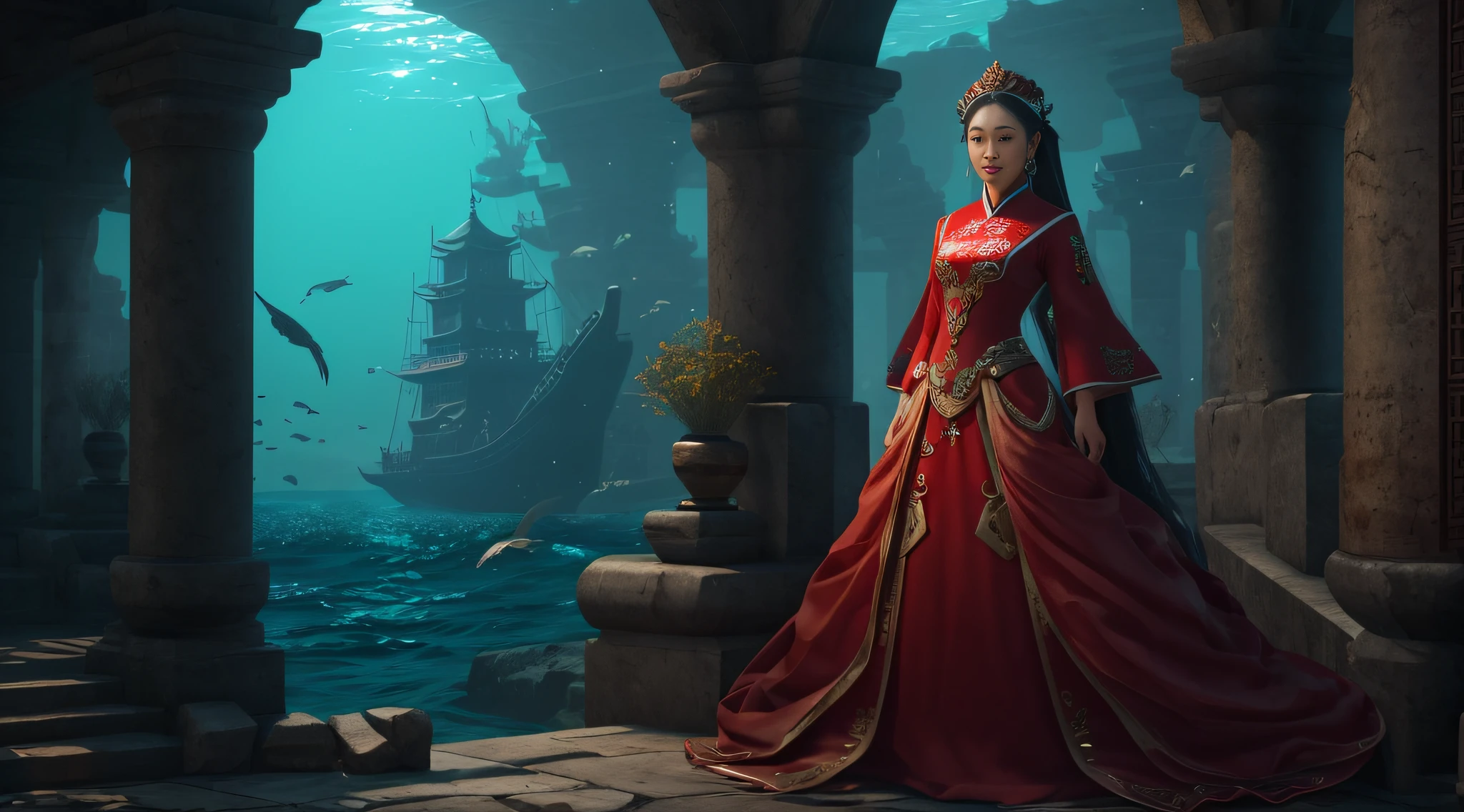 The image of Alafard of a woman in a red dress and earrings, Mu Yanling, Queen of the Sea, inspired by Shen Shizhen, inspired by Li Meishu, inspired by Huang Ji, inspired by Lan Ying, inspired by Qiu Ying, inspired by Ma Yuanyu, inspired by Wang Meng, full body fairy, inspired by Park Hua, 4K picture quality, PBR rendering, UE engine