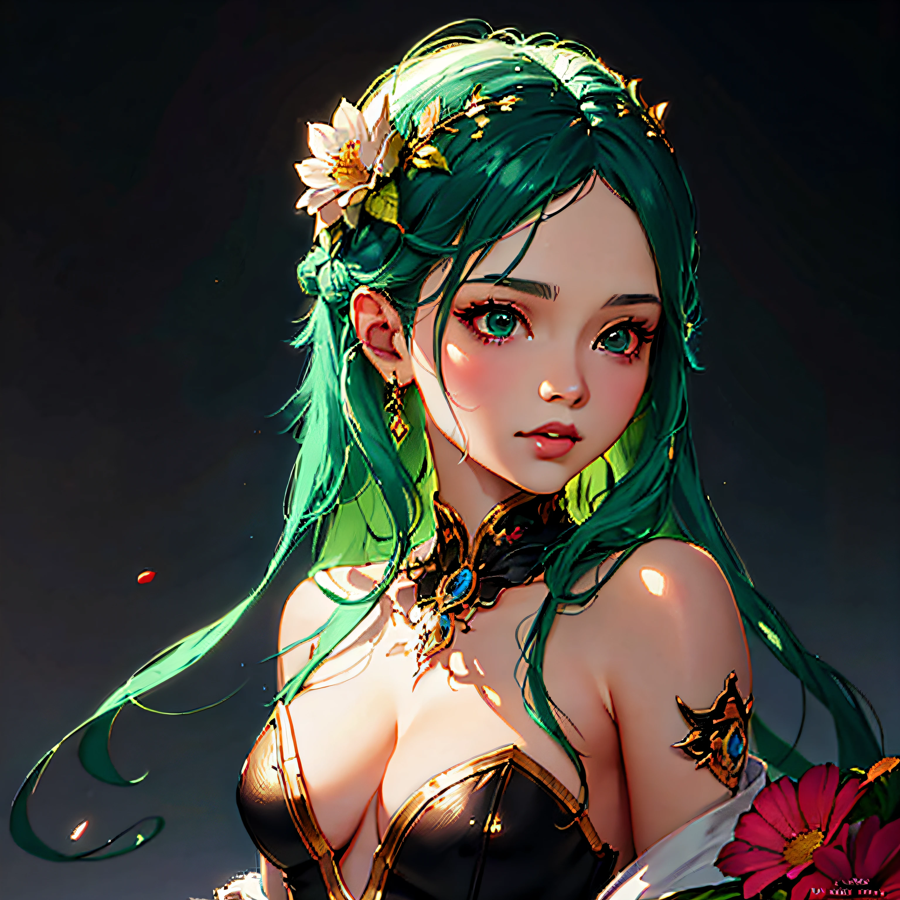 There's a fairy with green hair and a flower in her hair, Art of Wlop, 2. 5 D CGI Anime Fantasy Art, Wlop Rossdraws, Rossdraw Portrait, Artgerm on Artstation Pixiv, IG Model | Artgerm, Ross Tran 8 K, Art in the Style of Guweiz, WLOP Art