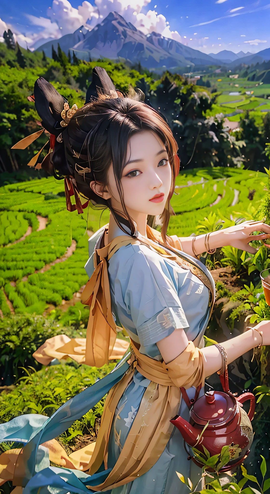 (from above) tea picker, big clouds, blue sky, rice fields, neat rice seedlings in the field, forest, hillside, secluded, countryside, HD details, super details,
