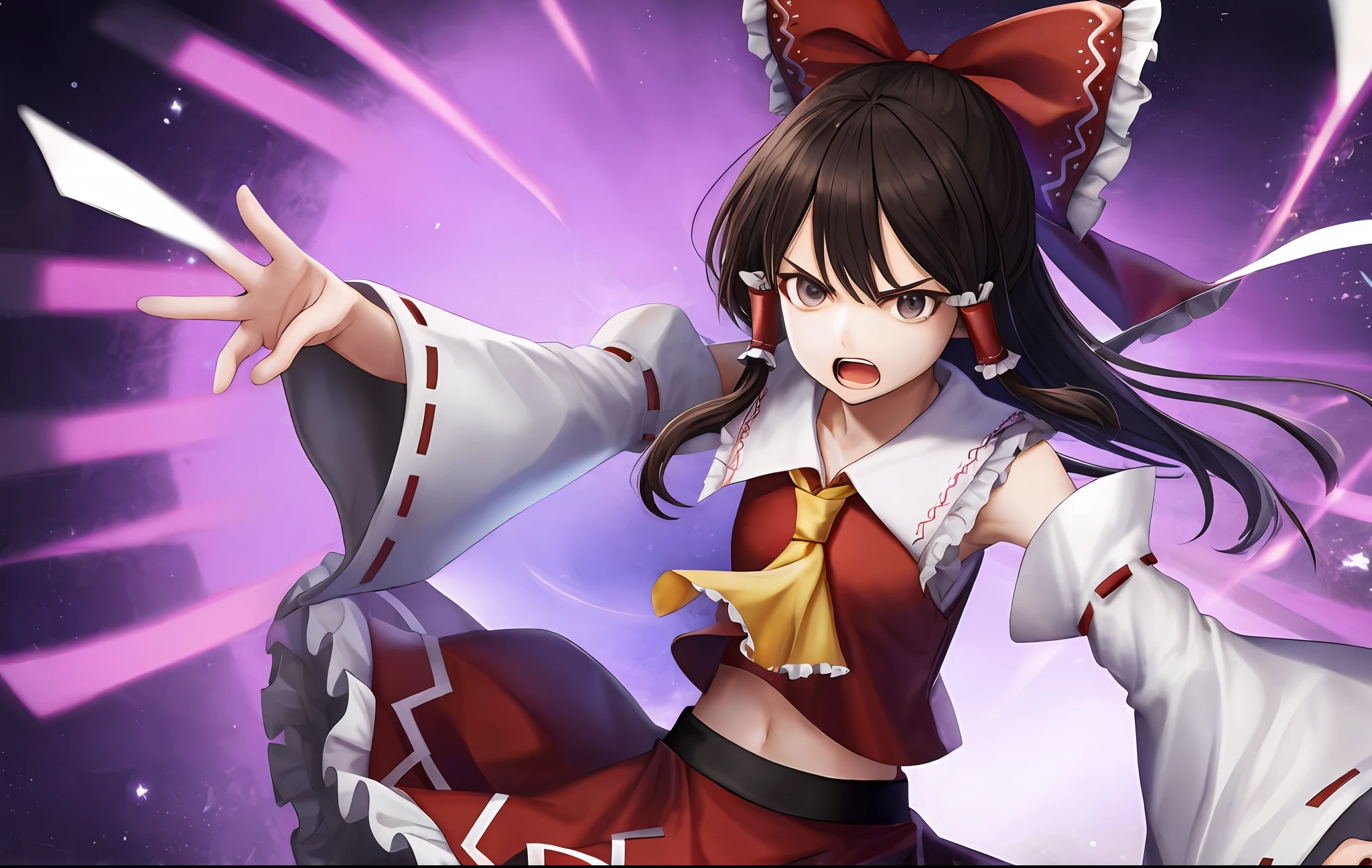 (best quality, masterpiece:1.2, 8K, Highly detailed), (anime, flat color, colorful), (an extremely delicate and beautiful), 1girl, solo, highly detailed eyes, highly detailed face, highly delicate background, perfect lighting, BREAK, HAKUREI REIMU, HAIR BOW, ASCOT, HAIR TUBES, MIKO, DETACHED SLEEVES, skirt, (black long hair, black eyes), fighting stance, BREAK, panorama, barrier, radial geometry resembling, branching of capillaries, BREAK, angry, open mouth