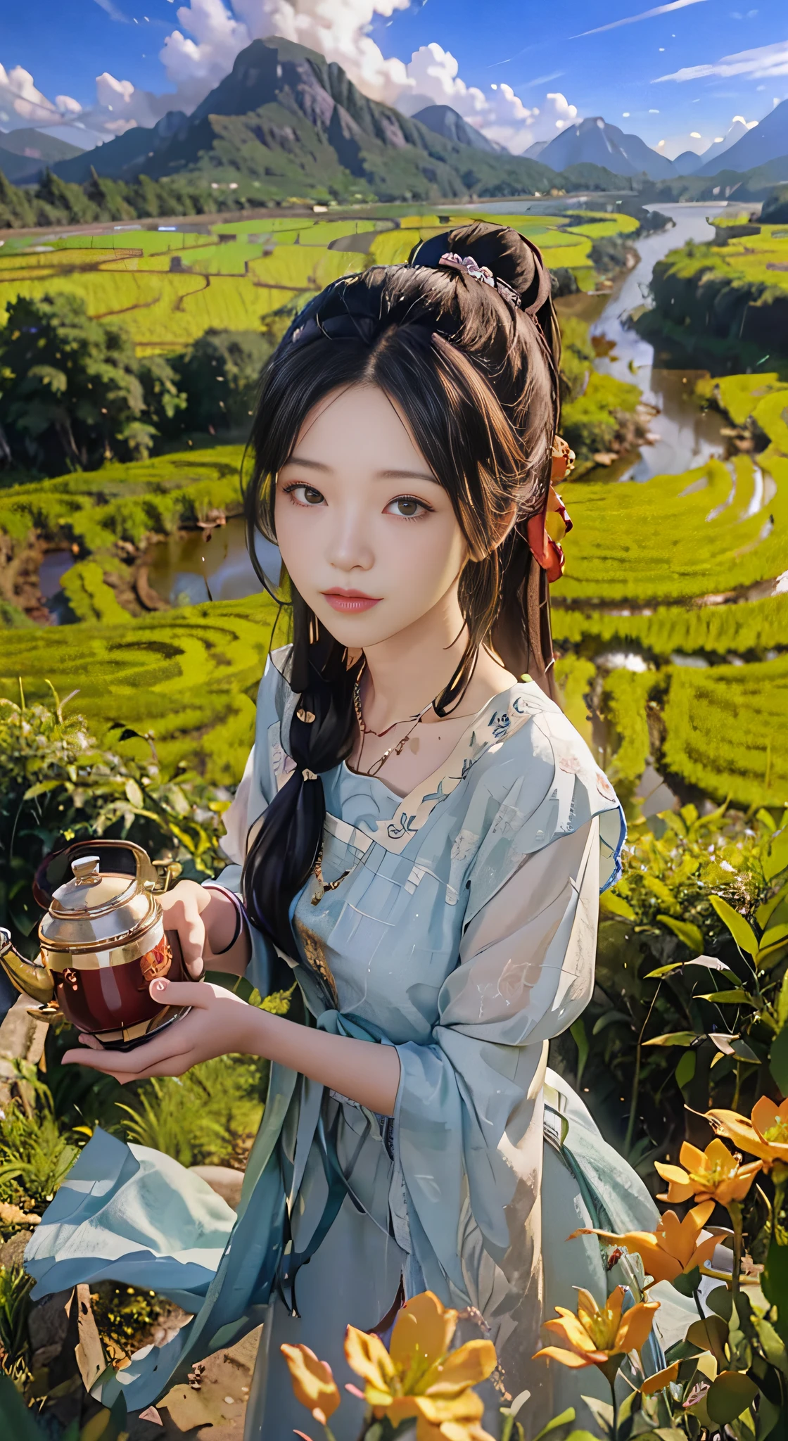 (from above) tea picker, big clouds, blue sky, rice fields, neat rice seedlings in the field, forest, hillside, secluded, countryside, HD details, super details,