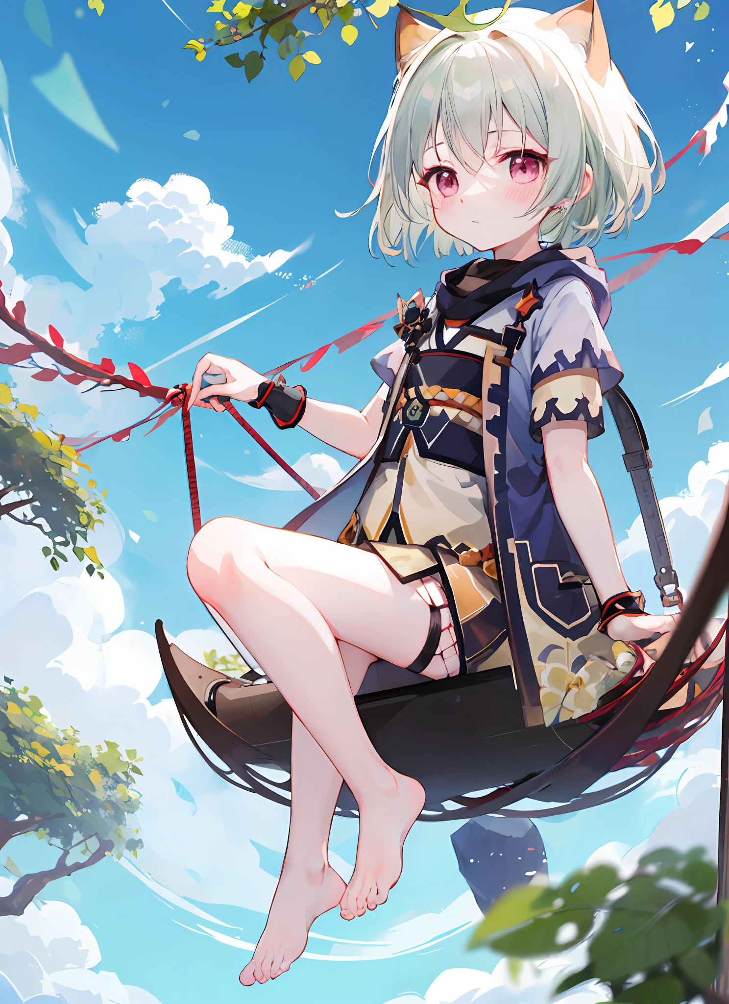 blush, outdoors, daytime, simple background, blue sky, rippled hair, sky, looking at the audience, loli, expression is cute, small short legs, avatar, barefoot, sitting, swinging legs