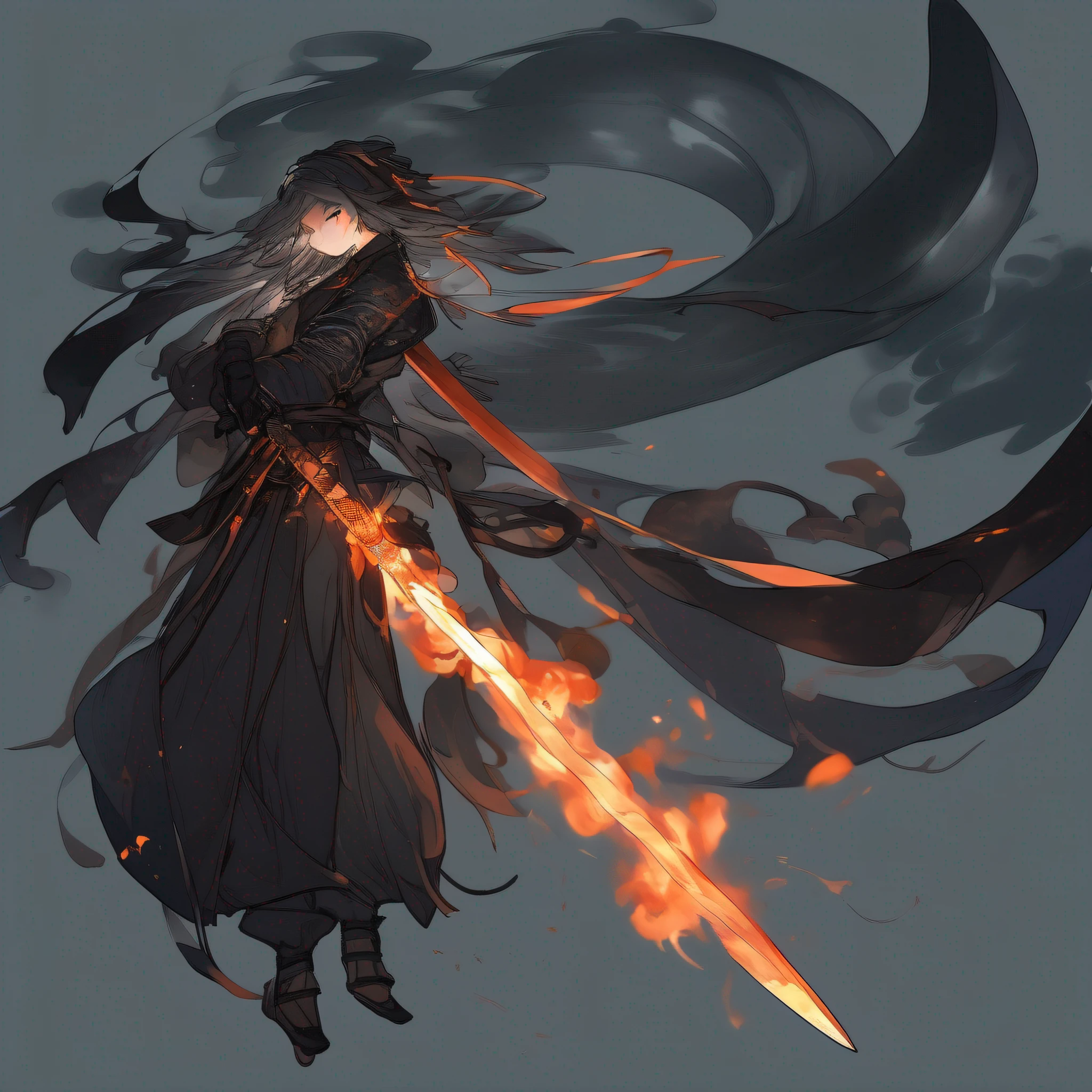 A sword, dark background, halo, sword qi, flame, mist, flowing flame,