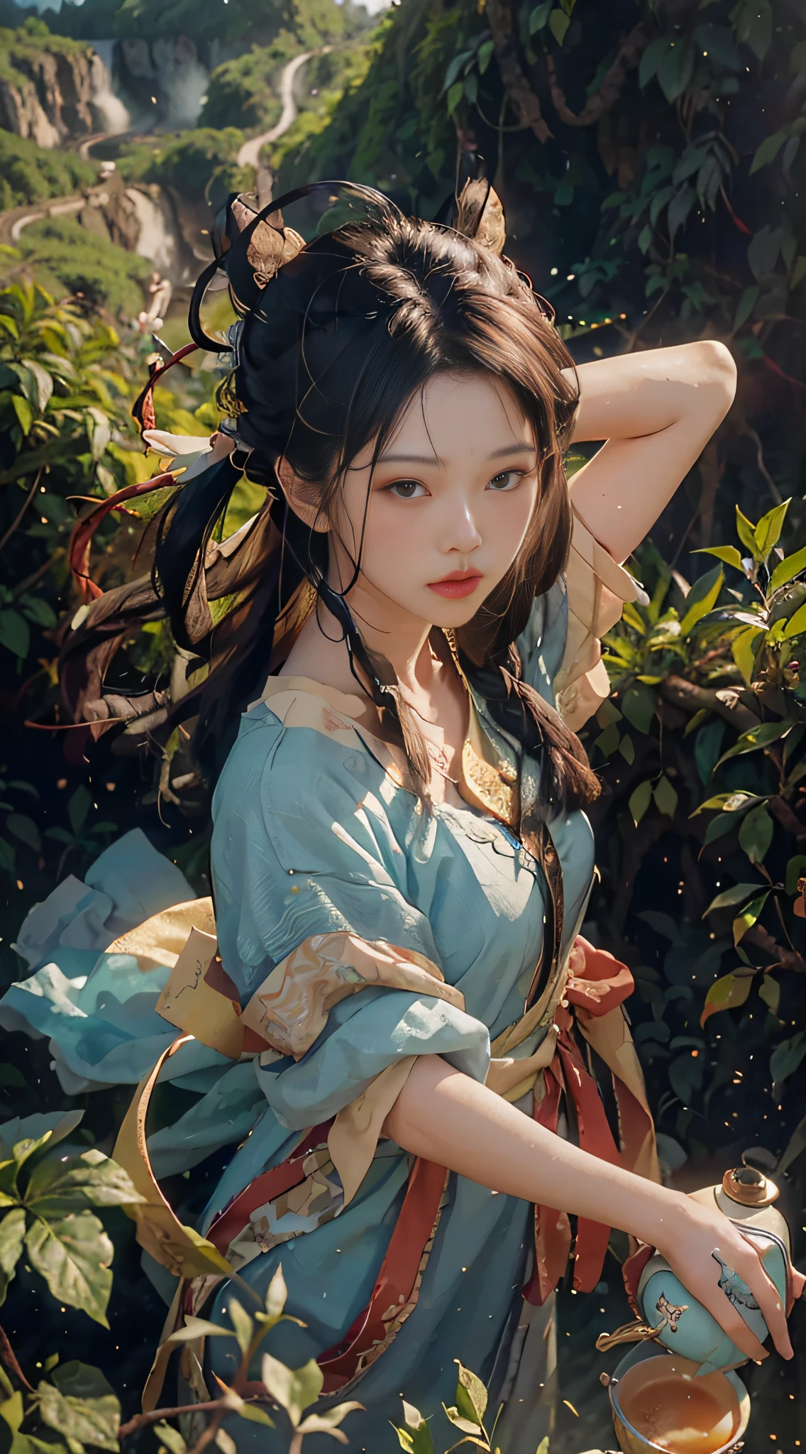 (from above) tea picker, big clouds, blue sky, rice fields, neat rice seedlings in the field, forest, hillside, secluded, rural, HD detail, hyper-detail, cinematic, surrealism, soft light, deep field focus bokeh, ray tracing and surrealism