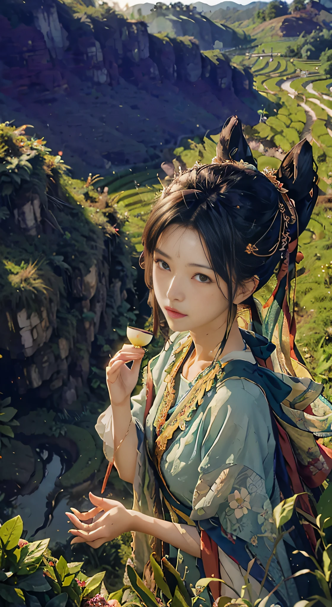 (from above) tea picker, big clouds, blue sky, rice fields, neat rice seedlings in the field, forest, hillside, secluded, rural, HD detail, hyper-detail, cinematic, surrealism, soft light, deep field focus bokeh, ray tracing and surrealism
