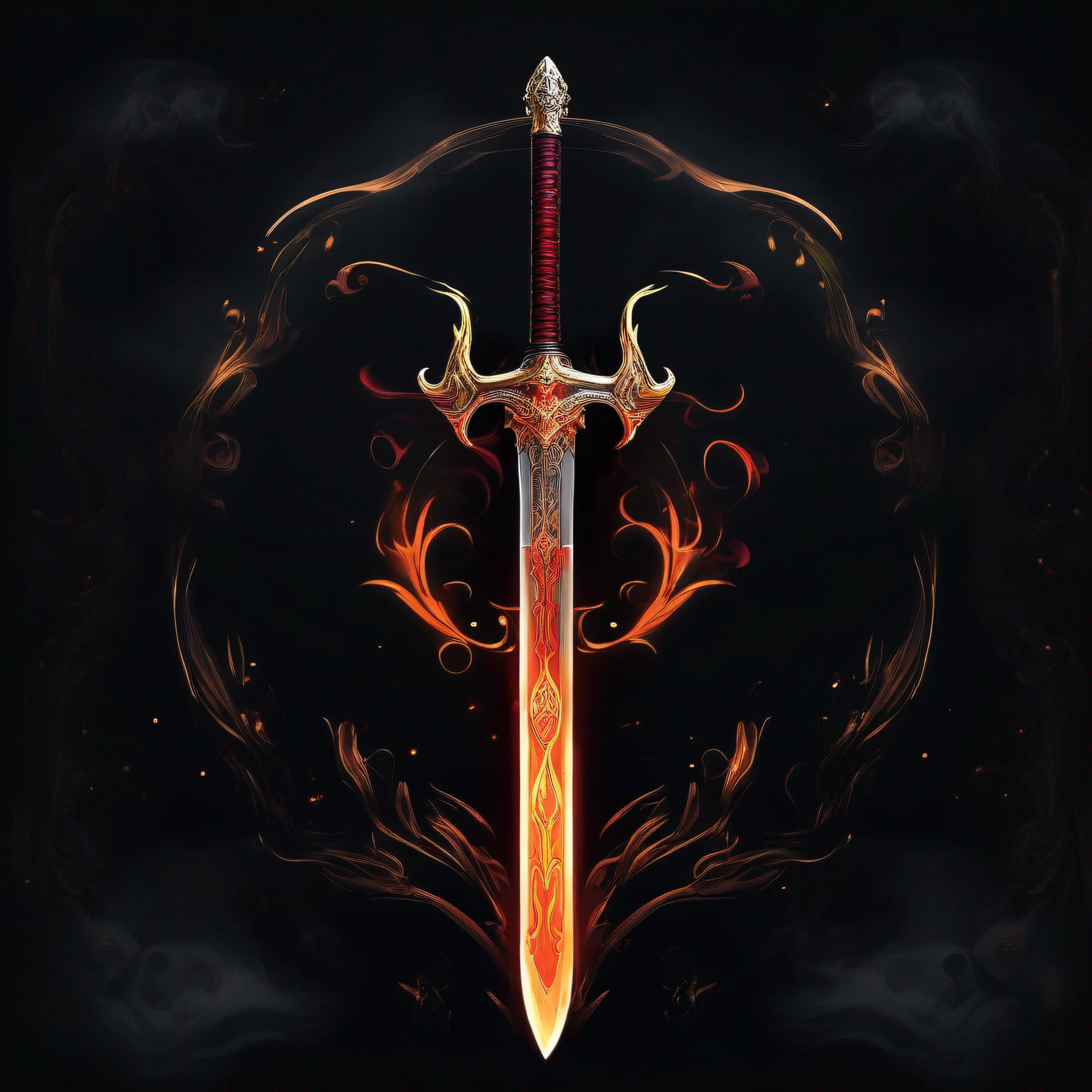 A sword, dark background, halo, sword qi, flame, mist, flowing flame,