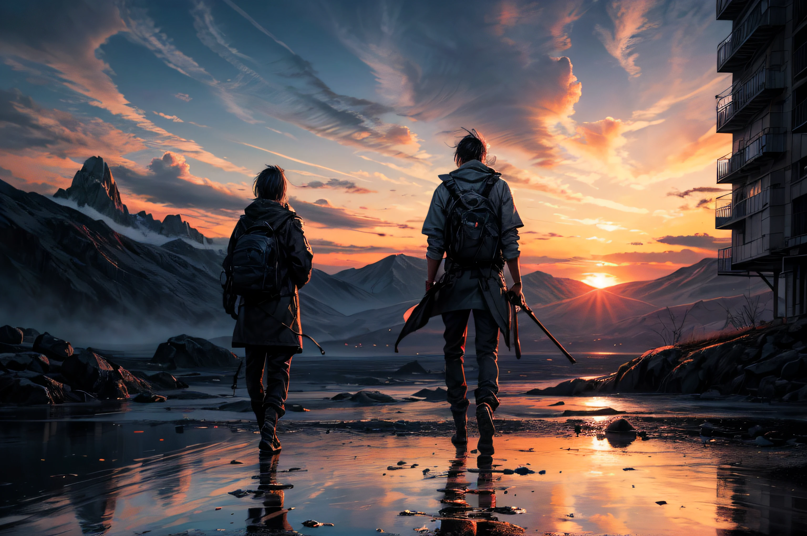 official art, unity 8k wallpaper, ultra detailed, beautiful and aesthetic, masterpiece, best quality, atmospheric, A dramatic sunset over a mountain range, Monochromatic, Radial, dappled,