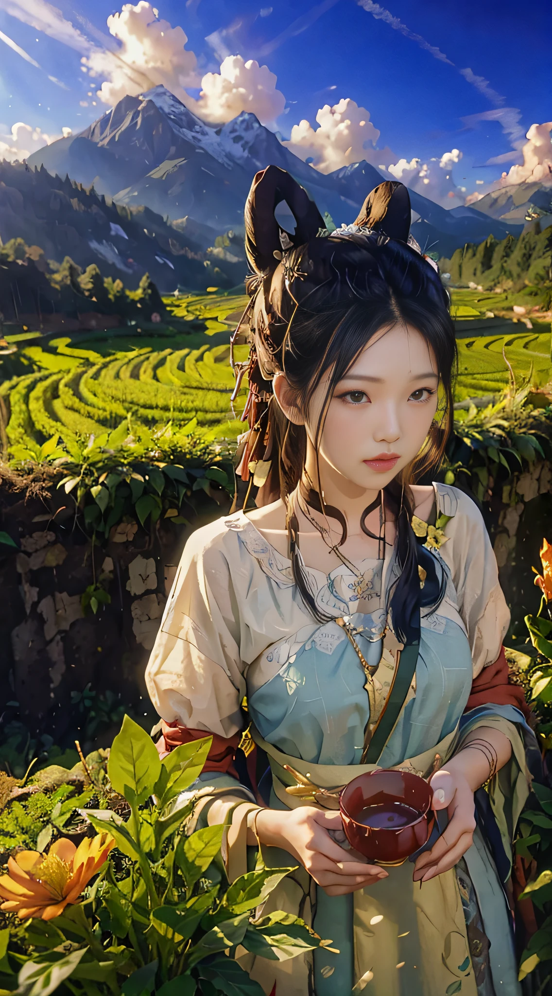 (from above) tea picker, big clouds, blue sky, rice fields, neat rice seedlings in the field, forest, hillside, secluded, countryside, HD details, super details, movies,