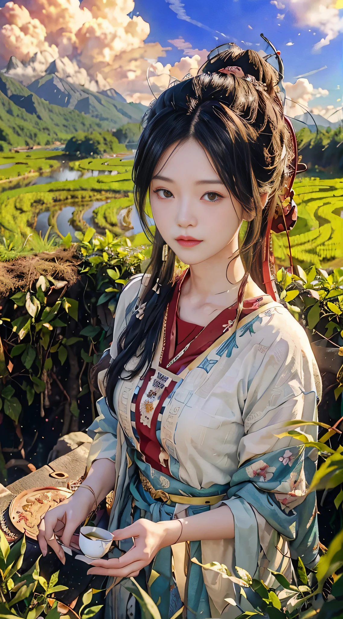 (from above) tea picker, big clouds, blue sky, rice fields, neat rice seedlings in the field, forest, hillside, secluded, countryside, HD details, super details, movies,