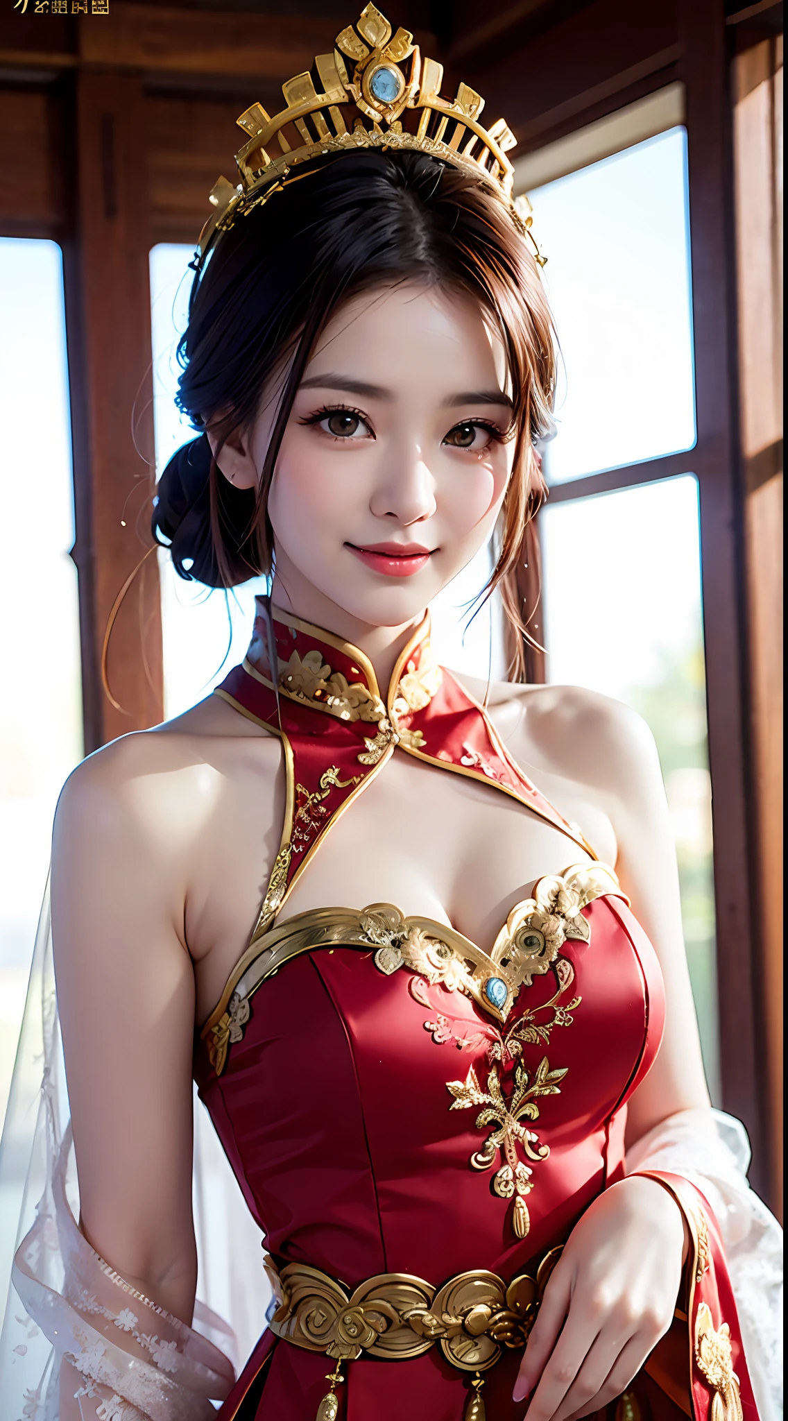 (8k, RAW Photo, Best Quality, Masterpiece: 1.2), (Realistic, Realistic: 1.37), 1 Girl, Woman in Red Dress and Headdress Posing for Photo, Gorgeous Role Play, Beautiful Costume, Chinese Dress, Complex Dress, Complex Costume, Traditional Beauty, Gorgeous Chinese Model, Chinese Costume, Wearing Gorgeous Costume, Wearing Elegant Chinese Xiuhe Dress, Chinese Wedding Dress, Phoenix Crown Xia Hanging, Antique Bride, Xiuhe Costume, Close Up, Wearing Phoenix Crown, Smile, No Watermark, Dragon and phoenix embroidered dress