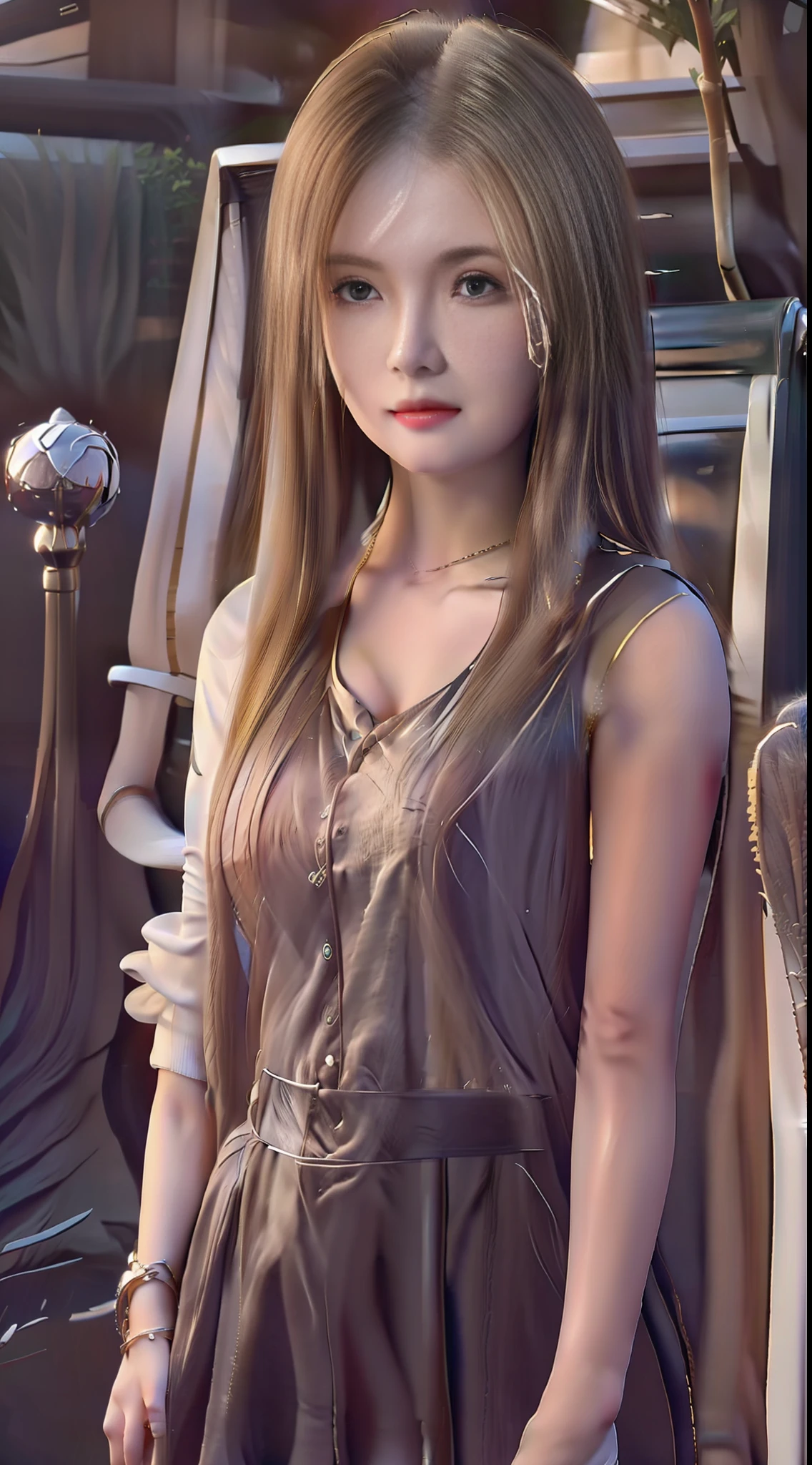 Ultra High Resolution, Realistic, Photo Realistic, Imagination, (Reality), Clear Sky, Composition, Sunset, (HDR:1.5), Outdoor, Intricate Detail, Collared Shirt, Skirt, Black Stockings, 8K, Standing, Looking at Viewer, Hands in Pockets, Red Lips,