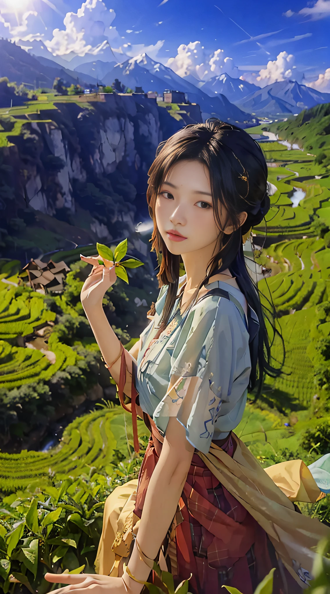 (from above) tea picker, big clouds, blue sky, rice fields, neat rice seedlings in the field, forest, hillside, secluded, countryside, HD details, super details,