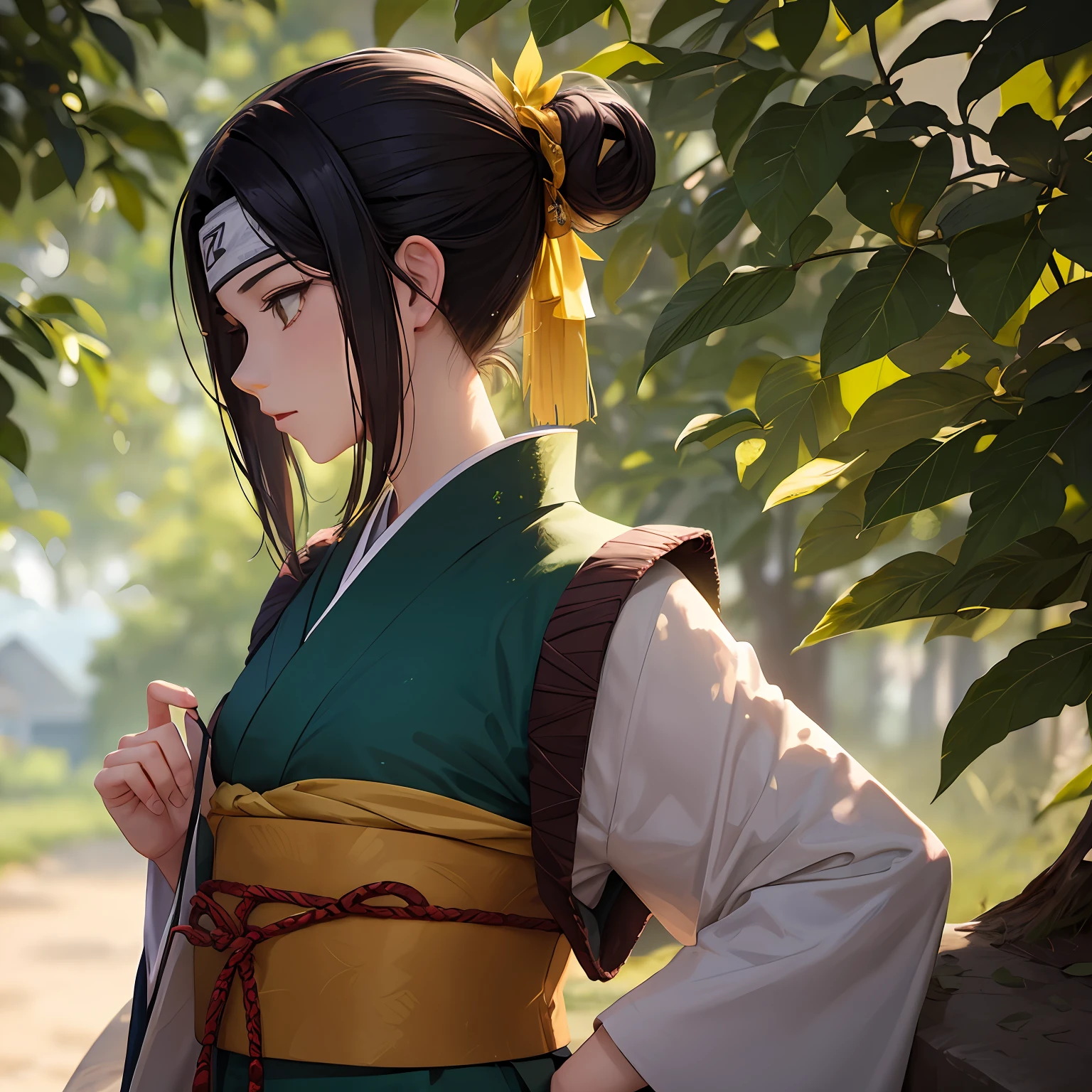 Naruto oc, girl, 2d drawing, green kimono with yellow leaves detail, village leaf background, leaf bandana on forehead, black hair, profile pose, single character