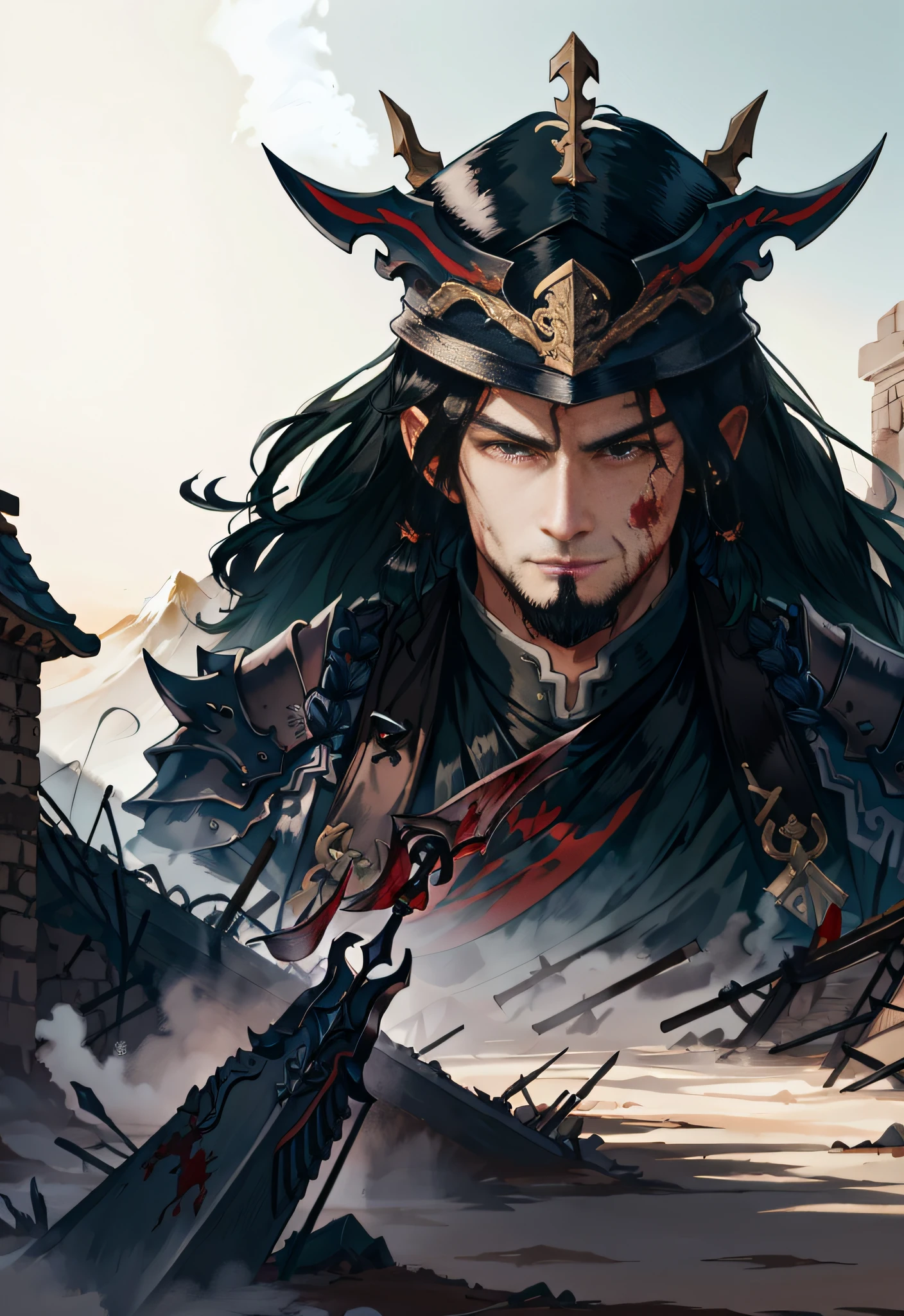 Features: City walls, mottled, dilapidated, bloodstained, watchtowers, war ruins, ancient frontier walls. Country/Dynasty: Tang Dynasty. Characters: Zhao Zilong, Zhao Yun, bloodstained, handsome, long black hair. Items: Armor, Lone Flag, spear, halberd. Status/Action: Lonely, Face, Arrow Rain, Mountain of Corpses Behind Blood, Scraping, Blasting Sand. Image: 4k, brightly colored, master work