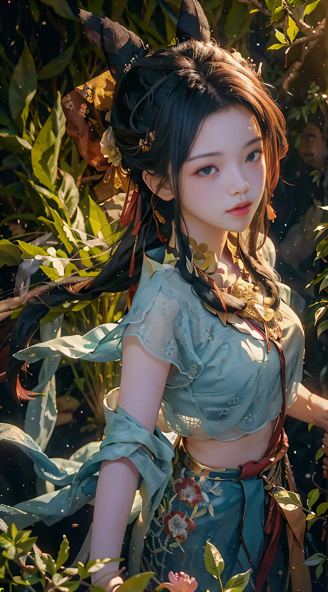 (from above) tea picker, big clouds, blue sky, rice fields, neat rice seedlings in the field, forest, hillside, secluded, rural, HD detail, hyper-detail, cinematic, surrealism, soft light, deep field focus bokeh, ray tracing and surrealism