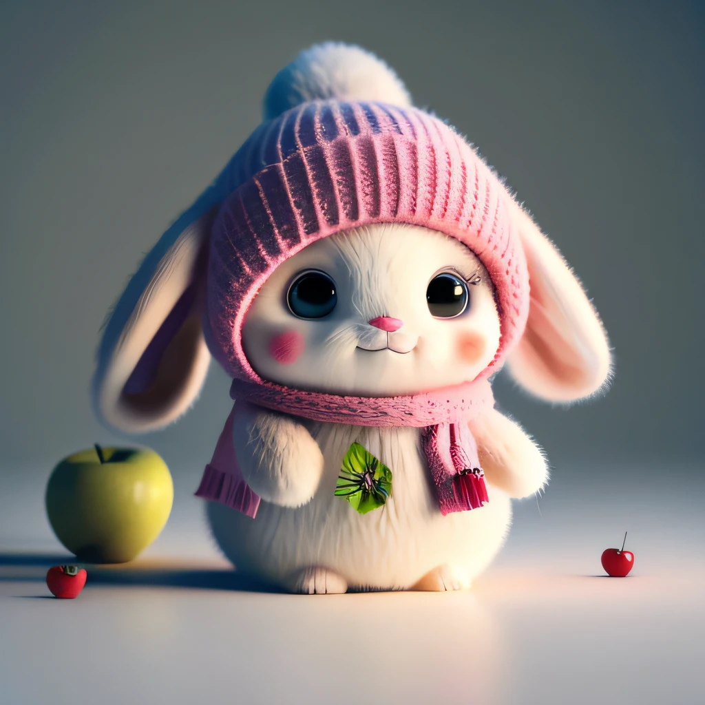 : 3. bunny, realistic, furry animal, apple, black eye, blush, cherry, food, fruit, full body, hat, non-human, strawberry, tomato, watermelon