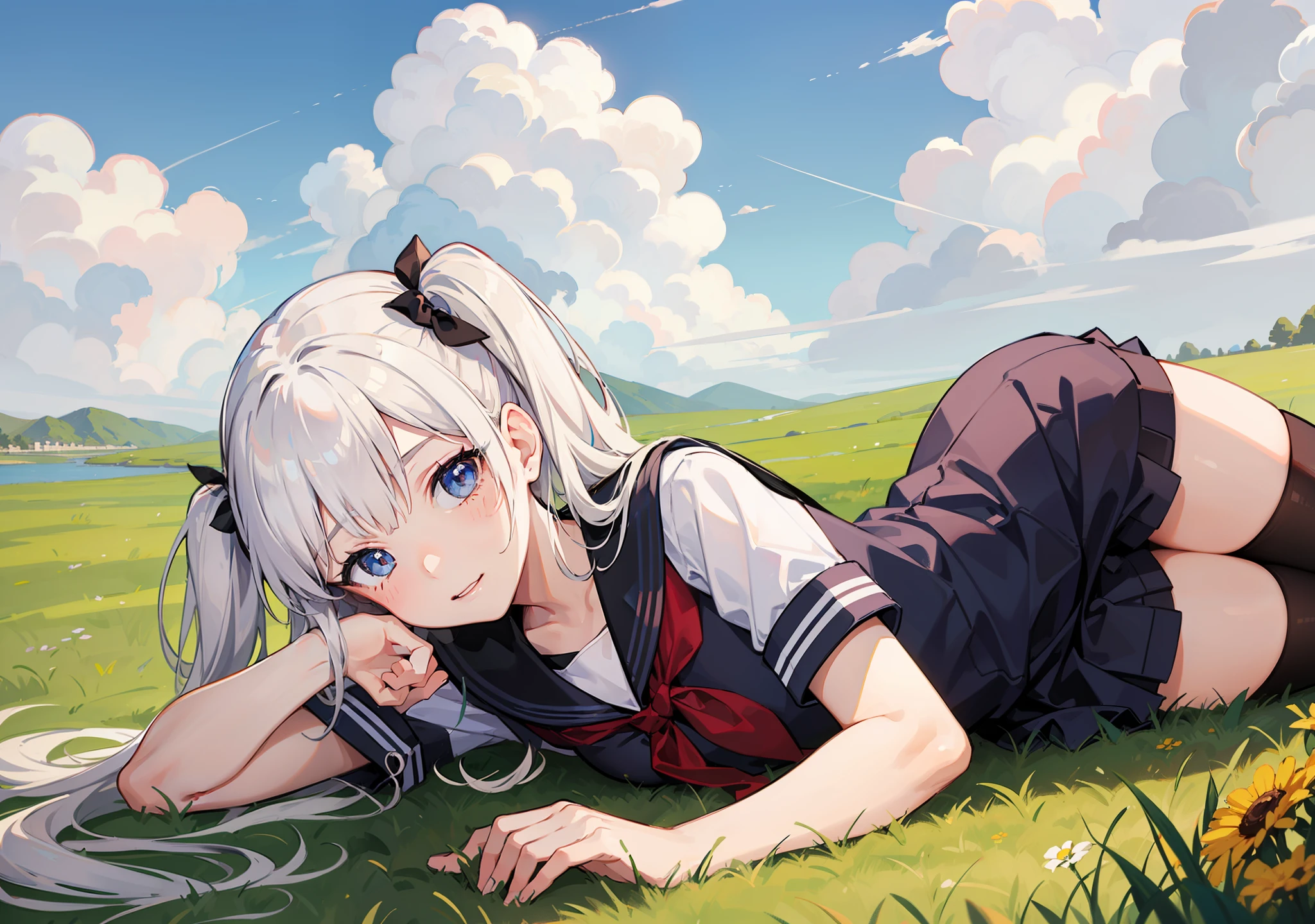 masterpiece,best quality,1girl,white hair, blue eyes,school uniform, cloudy sky, full body, grass,looking at viewer, twintails,front,silver hair, ((lying))