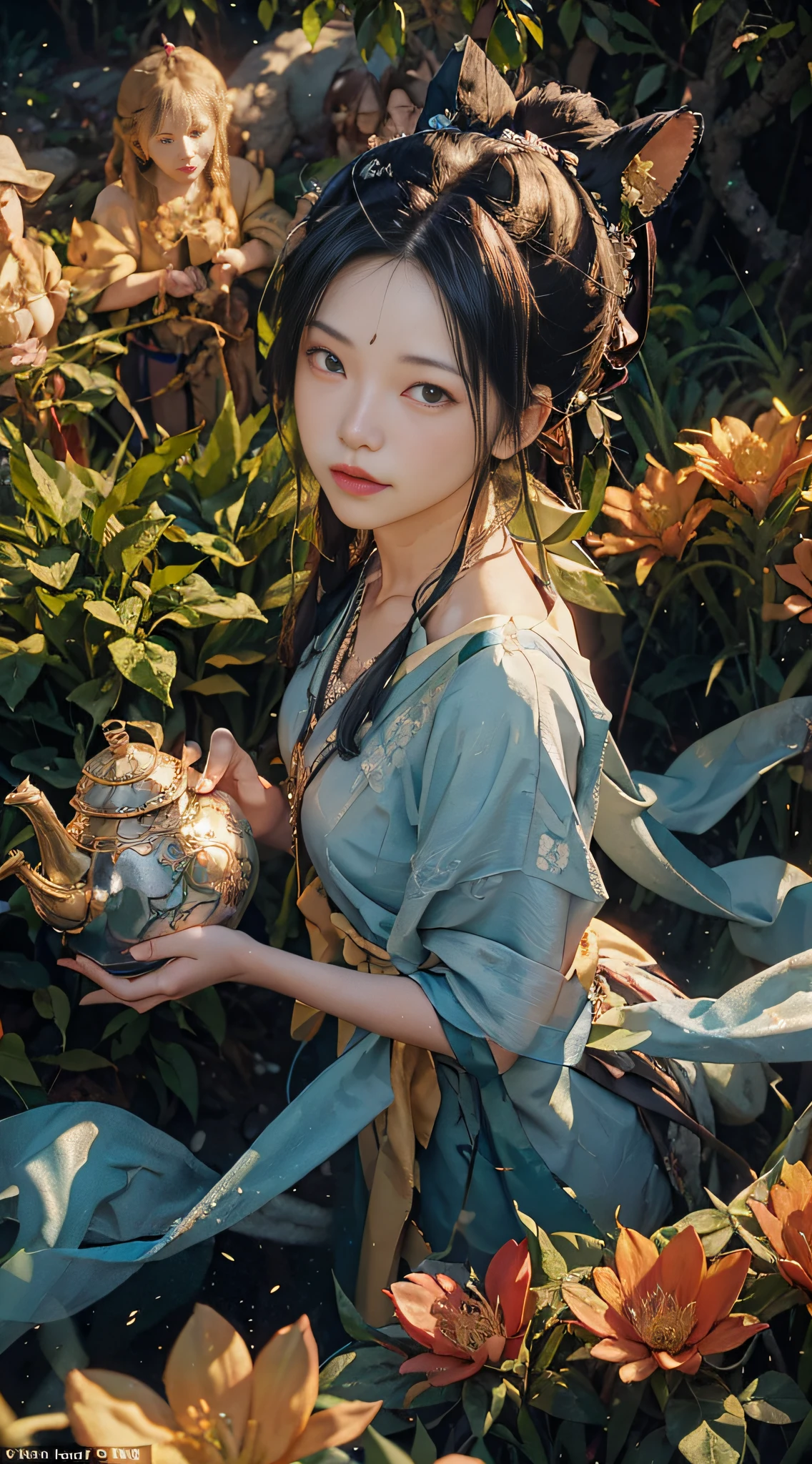 (from above) tea picker, big clouds, blue sky, rice fields, neat rice seedlings in the field, forest, hillside, secluded, rural, HD detail, hyper-detail, cinematic, surrealism, soft light, deep field focus bokeh, ray tracing and surrealism