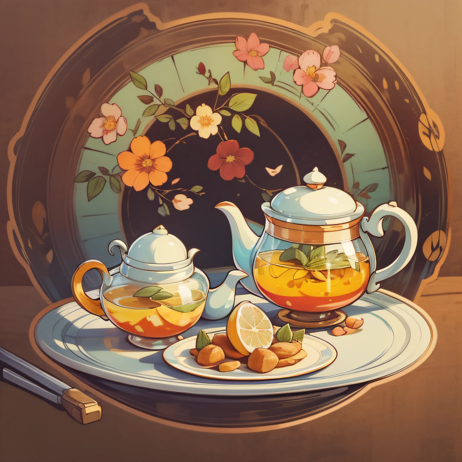 Cartoon style, fine line drawing, a European teapot with transparent glass, a European teacup on a tea tray, flowers, fruits, plates, saucers