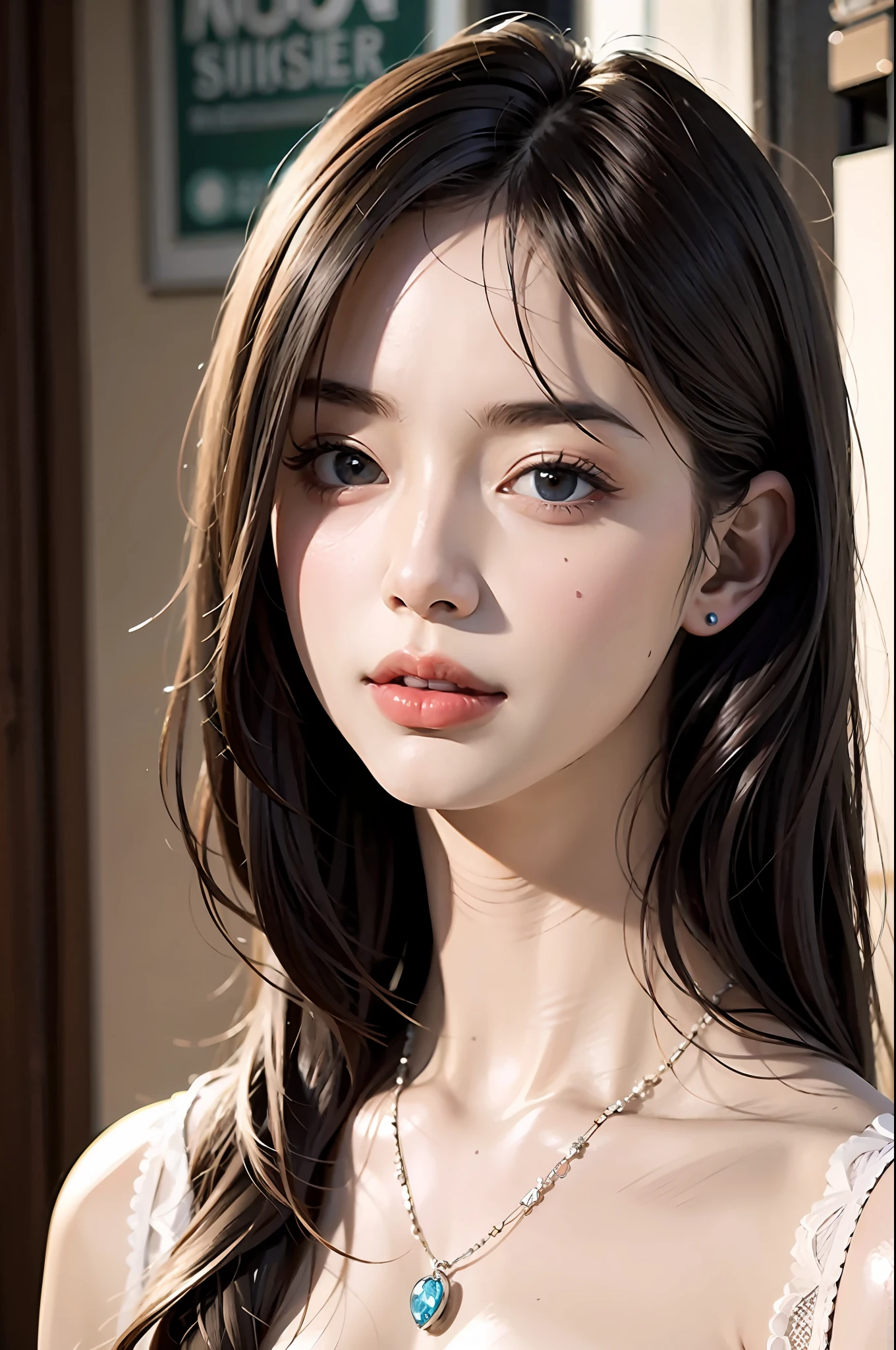 Random Posture,1girl,Seduction,Beautiful,Lips,Realistic,Photo_\(Medium\),Alone,(Masterpiece),(Realistic:1.3),Ultra Detail,(High Definition Skin:1.2),(Best Quality:1.0), (Ultra Hi-Res:1.0), (ULZZANG-6500:0.3), Beautiful Clear Eyes, Delicate Necklace,Sunshine, (Delicate makeup is beautiful), (Sexually aroused blush Heavy breathing:1.0) , (Soft Glove Room: 0.5), Mix 4