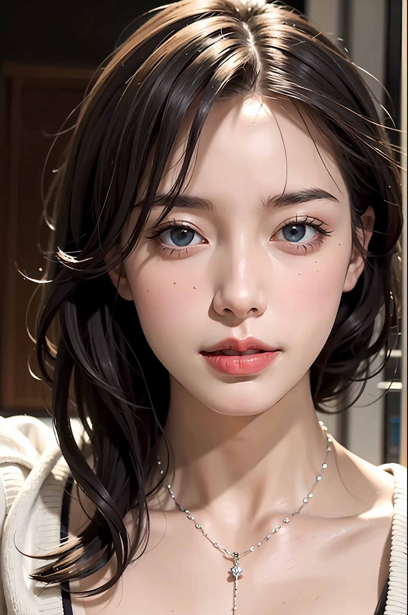 Random Posture,1girl,Seduction,Beautiful,Lips,Realistic,Photo_\(Medium\),Alone,(Masterpiece),(Realistic:1.3),Ultra Detail,(High Definition Skin:1.2),(Best Quality:1.0), (Ultra Hi-Res:1.0), (ULZZANG-6500:0.3), Beautiful Clear Eyes, Delicate Necklace,Sunshine, (Delicate makeup is beautiful), (Sexually aroused blush Heavy breathing:1.0) , (Soft Glove Room: 0.5), Mix 4