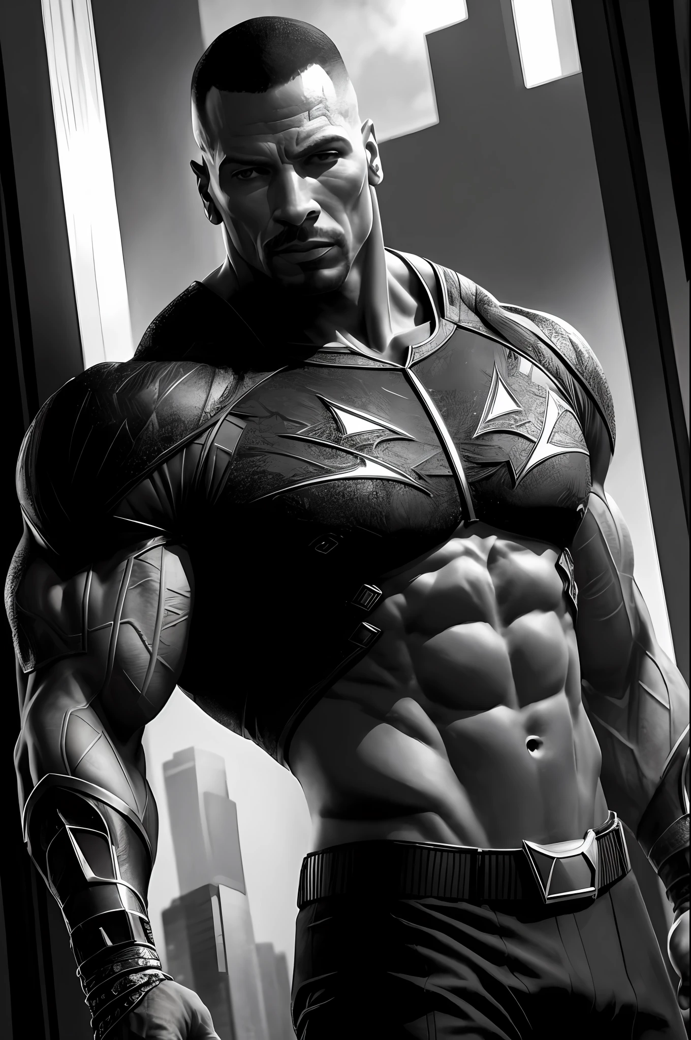 (16k, RAW photo, best quality, masterpiece: 1.2), ultra-detailed, formal art, photorealism: 1.37, upper body photo, Man actor Dwayne jhonson o"40 years DC Black Adam, film grain, action pose
