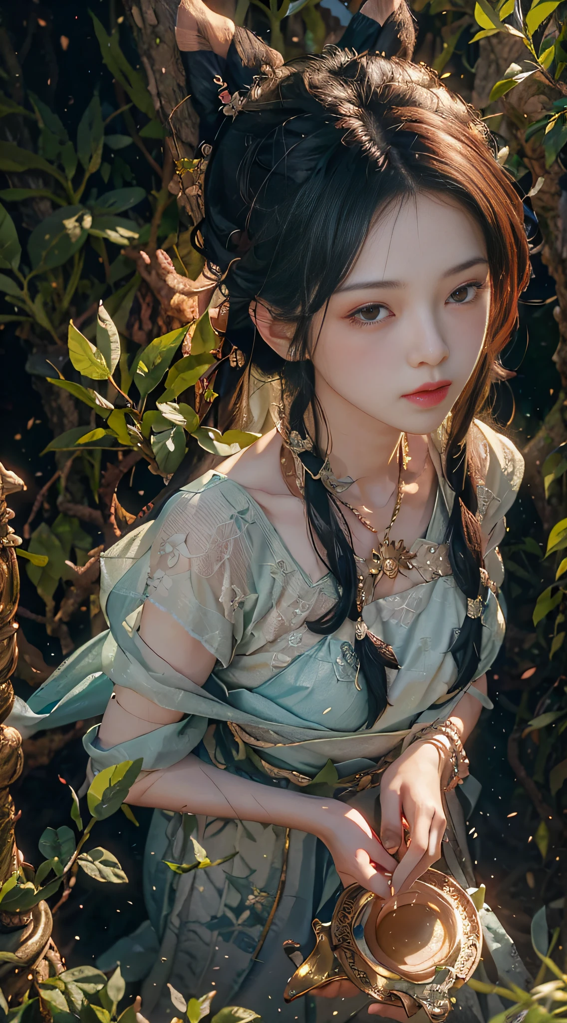 (from above) tea picker, big clouds, blue sky, rice fields, neat rice seedlings in the field, forest, hillside, secluded, rural, HD detail, hyper-detail, cinematic, surrealism, soft light, deep field focus bokeh, ray tracing and surrealism