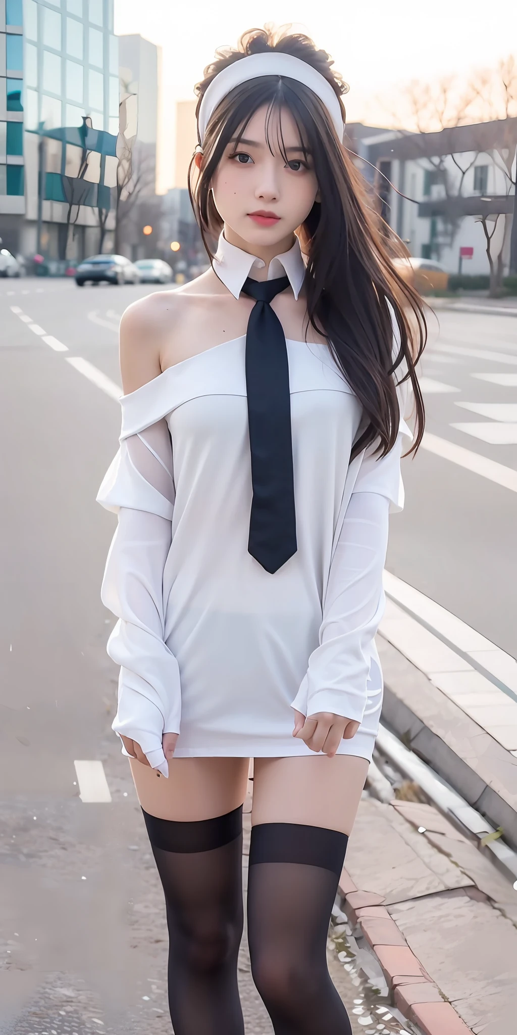 mix4, 20d, solo, long_hair, shirt, dress, high_heels,full_body, look_at_viewer, (8k, RAW photo, best quality, masterpiece:1.2), (realistic, photo-realistic:1.37), professional lighting, photon mapping, radiosity, physically-based rendering,EULA,HAIR ORNAMENT,BLUE MEDIUM HAIR,BLACK HAIRBAND,HAIR BETWEEN EYES,LONG SLEEVES,BARE SHOULDERS,JACKET,GLOVES,NECKTIE,THIGHHIGHS,PANTYHOSE,WHITE TOP