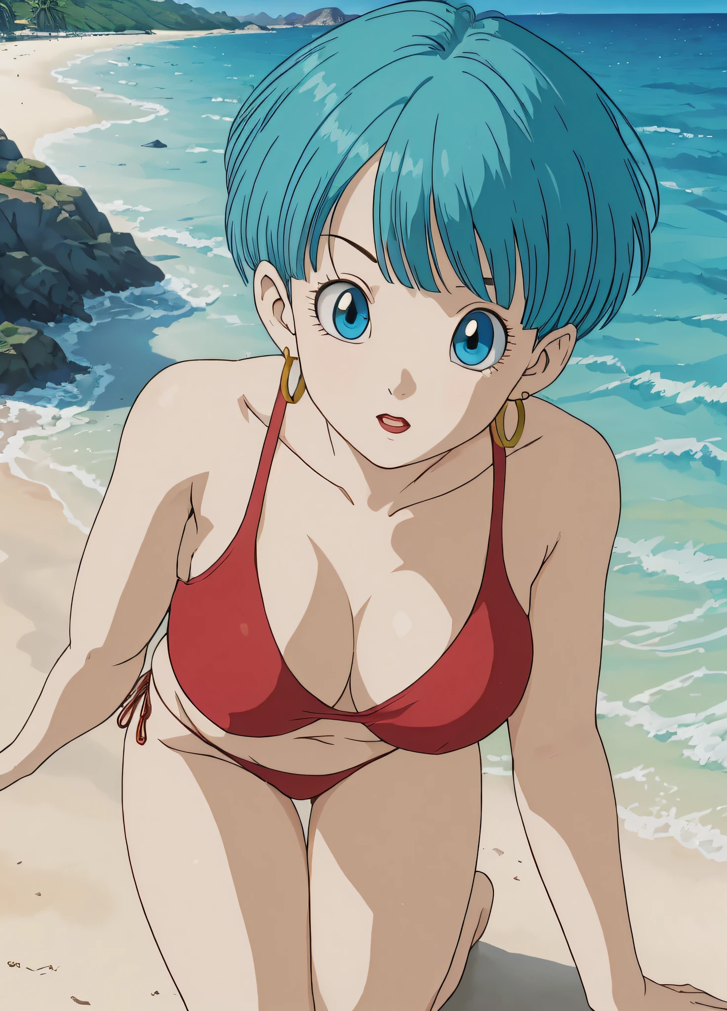 masterpiece, best quality, highest quality, (perfect illumination:1.4), (photorealistic), perfect anatomy, perfect face, perfect eyes, 
 bulmadbzreddress, aqua hair, short hair,  blue eyes, earrings, sexy bikini, sexy pose, on beach