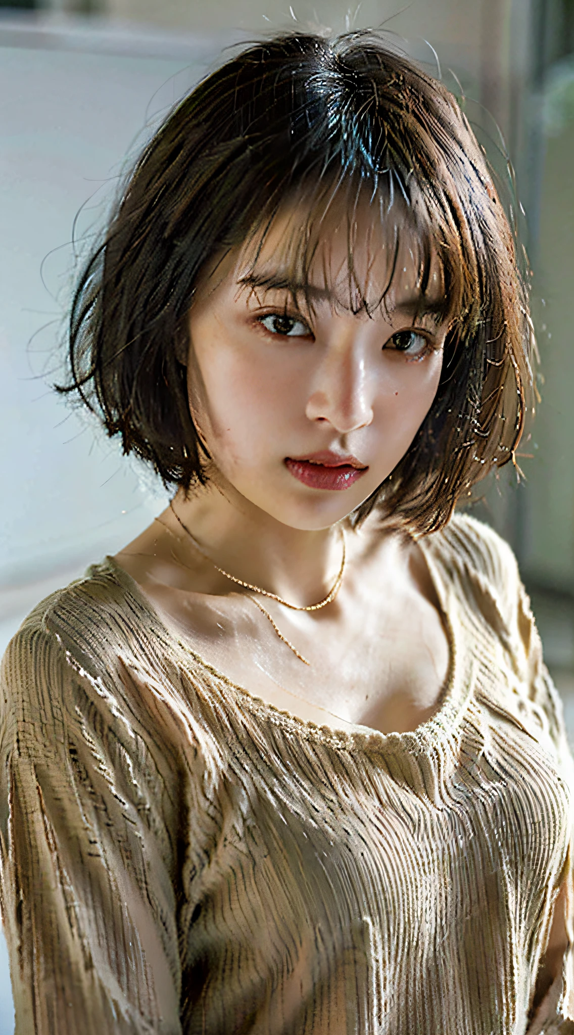 (Best quality, 8k, 32k, Masterpiece, UHD:1.2),Photo of Pretty Japanese woman, large breasts, very short bob hair,upper body,face focus,oversized_sweater, necklace, simple background, from above, looking at viewer,