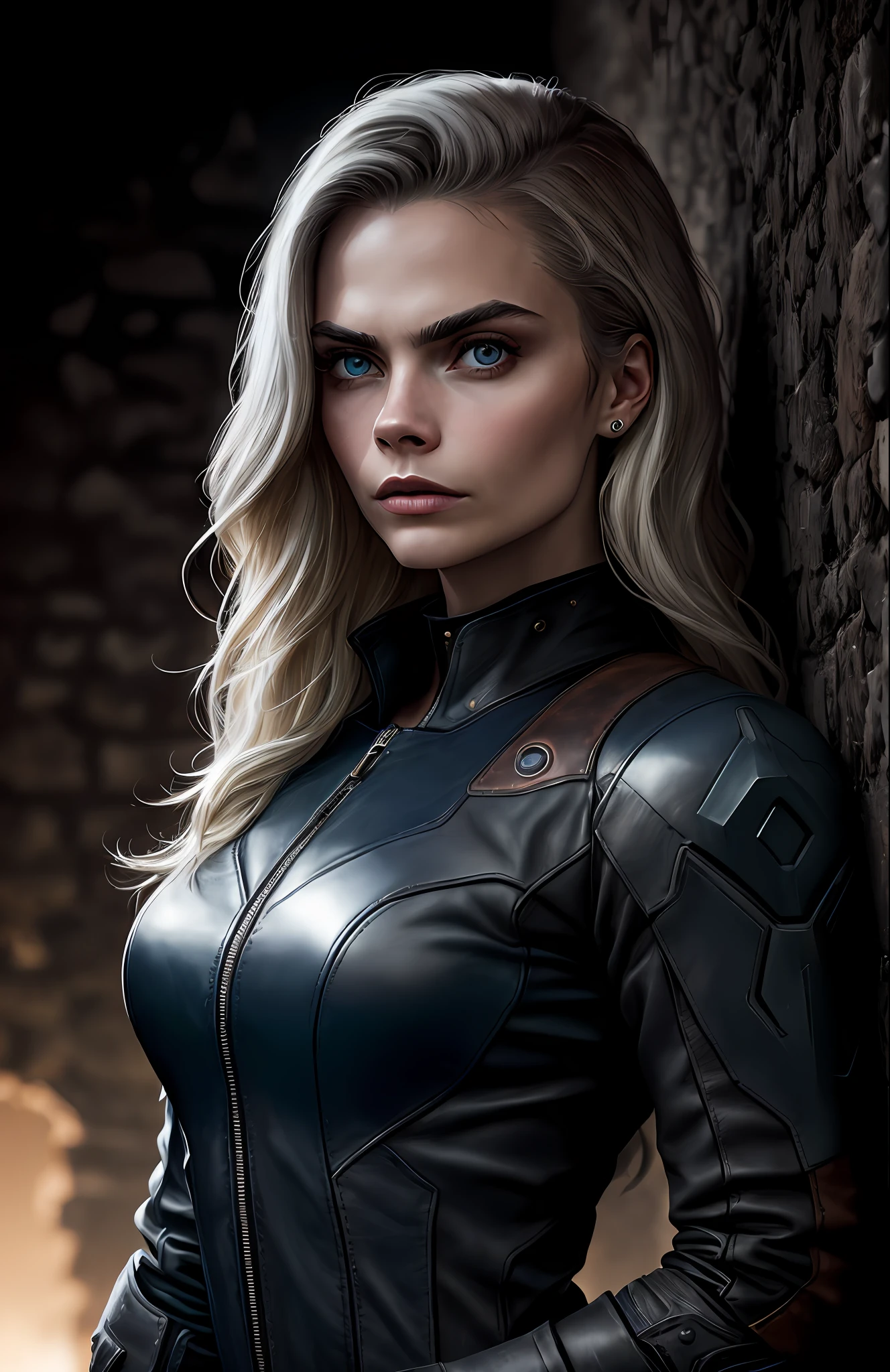 (dark photo: 1.1), realistic epic, halo portrait, very long hair, dark blue eyes, white hair of celeana sardothien, face delevingne, character with the face of Cara Delevingne, yellow gradient, black color scheme, medieval aesthetic, village wall background, soft cinematic light, adobe lightroom, photo lab, hdr, intricate, dark brown leather clothing tight on the body,  Highly detailed, (depth of field: 1.4), faded, (neutral colors: 1.2), (HDR: 1.4), (soft colors:1.2), hyperdetailed, (Artstation:1.4), cinematic, warm lights, dramatic light, (intricate details:1.1), complex background, (Rutkowski:0.66)