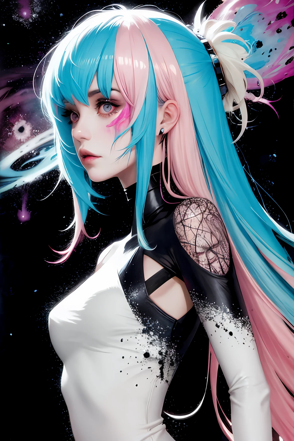 goddess of eternity with pink and blue hair, fading into the cosmos, neo punk, inkpunk, jem and the holograms, pop surrealism, in the style of frank moth, carne griffiths and adrian ghenie, sharp focus, messy, highly detailed,