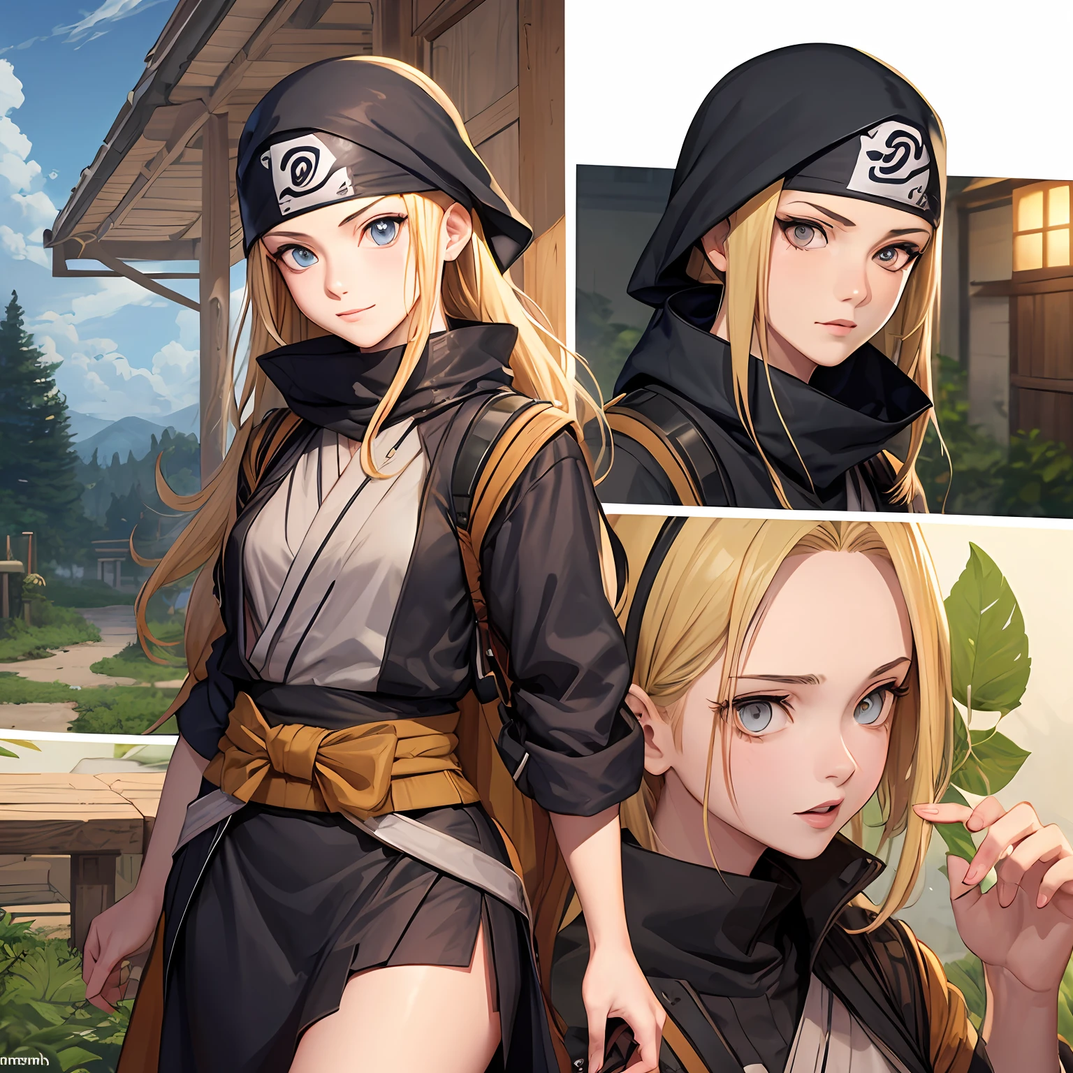 naruto oc, 2d drawing, female ninja, leaf village background, leaf bandana on forehead