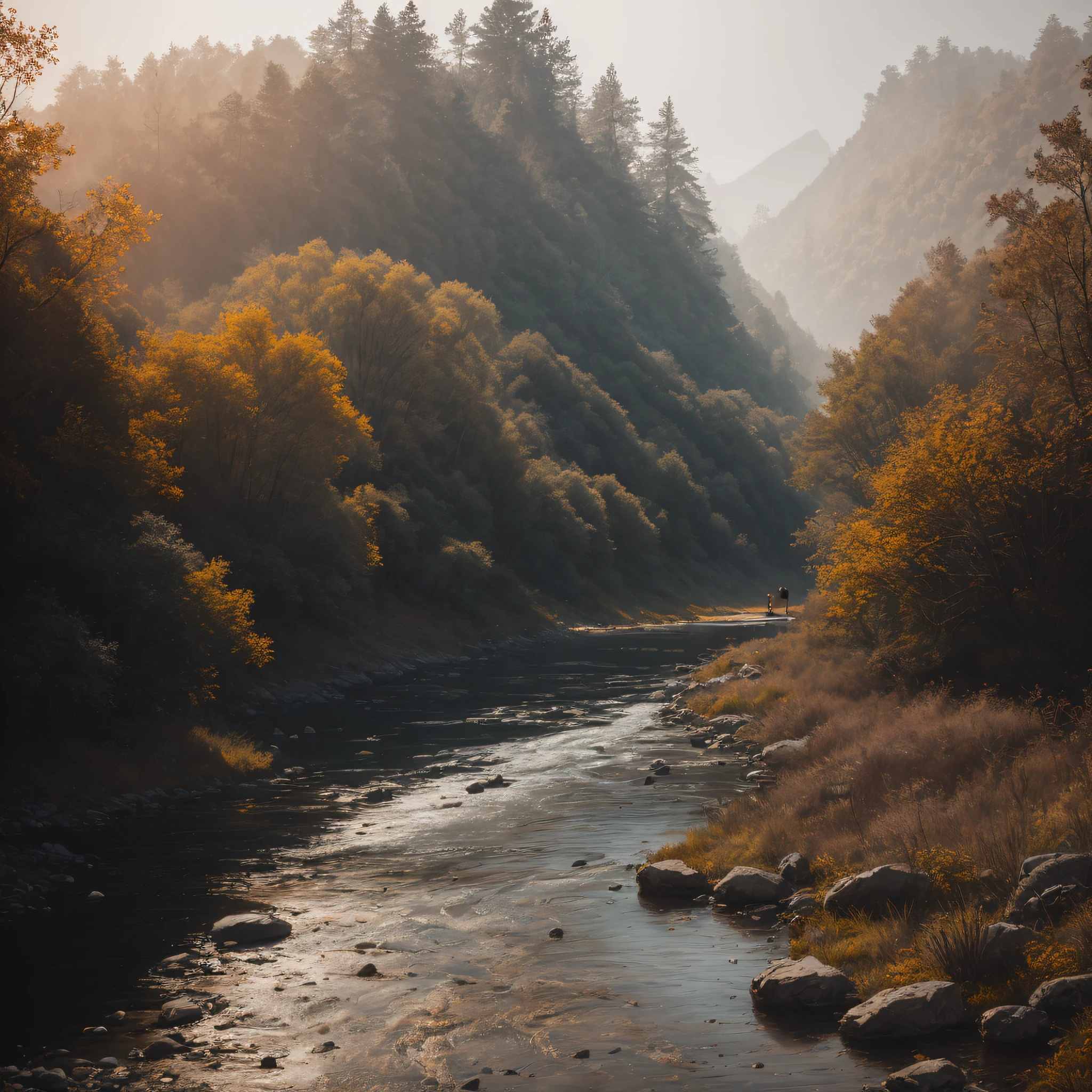 A woodworker alone on the bank of a river, day, realistic epic, portrait of, James Gilleard, by Joe Fenton, by Kaethe Butcher, yellow gradient, black, brown and magenta color scheme, grunge aesthetic!! soft cinematic light, adobe lightroom, photo lab, hdr, intricate, highly detailed, (depth of field: 1.4), faded, (neutral colors: 1.2), (hdr: 1.4) , (soft colors:1.2), hyperdetailed, (artstation:1.4), cinematic, warm lights, dramatic light, (intricate details:1.1), complex background, (rutkowski:0.66), (blue and orange:0.4)