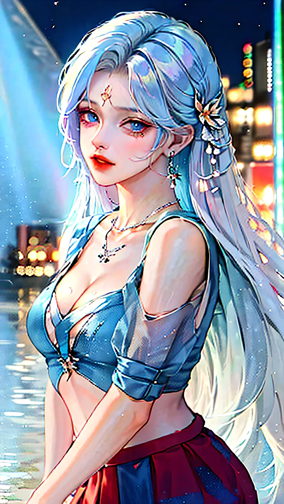 (masterpiece:1.4), (best quality:1.4), realistic, 1gril, solo, ((light blue hair)), hair ornament, long hair, blue eyes, collarbone, portrait, red lips, parted lips, (cleavage, pleated skirt), small breasts, blue nails, necklace, earrings, fashi-girl, looking at viewer, professional light, night, rain, outdoors,