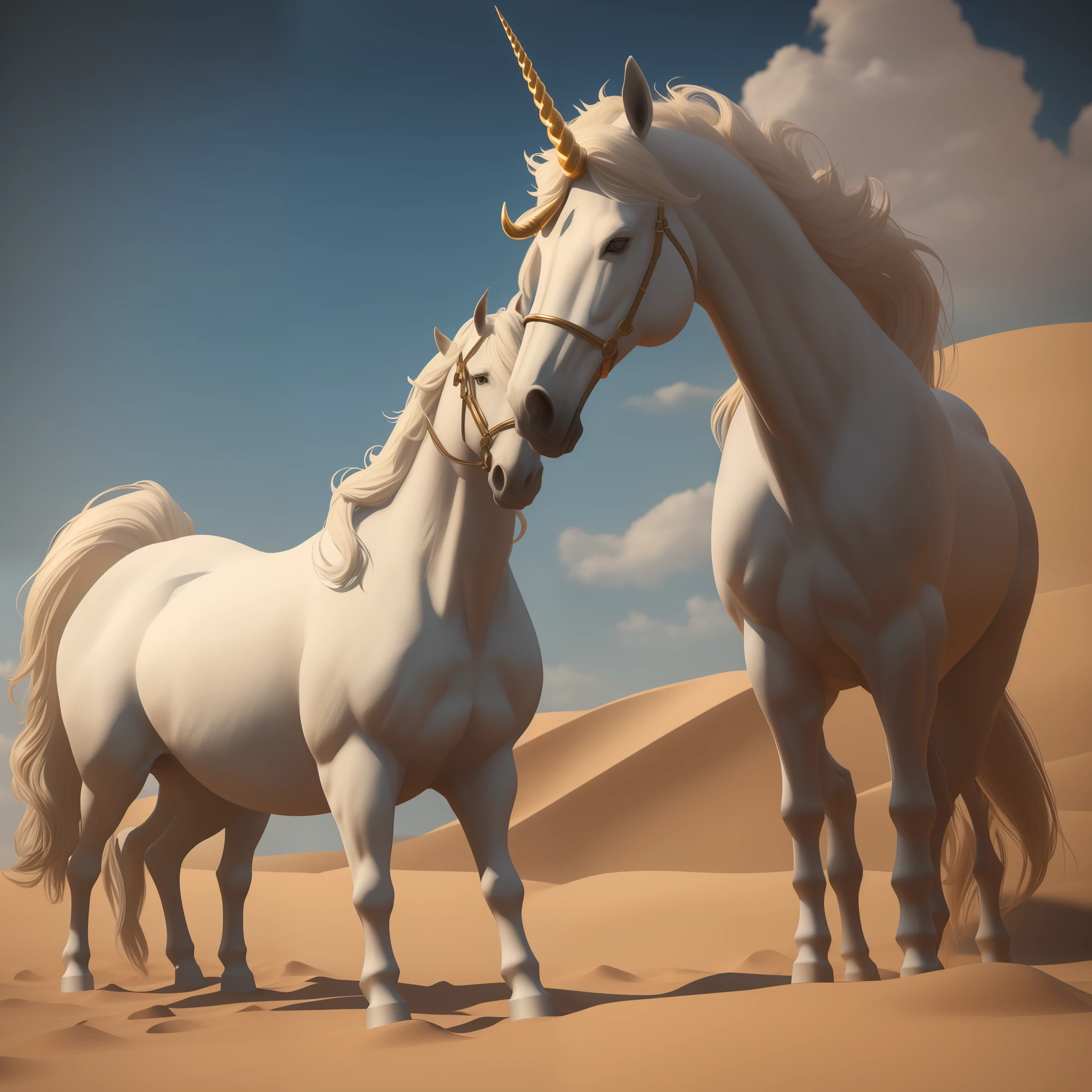 there is a white horse with a golden horn and a golden mane, unicorn from the tusk movie, realistic fantasy render, realistic fantasy illustration, ultra realistic 3d illustration, (octane render) fantasy style, stuning fantasy 3 d render, realistic shading and lighting, depicted as a 3 d render, sand desert fantasy, fantasy style 8 k octane render, unicorn