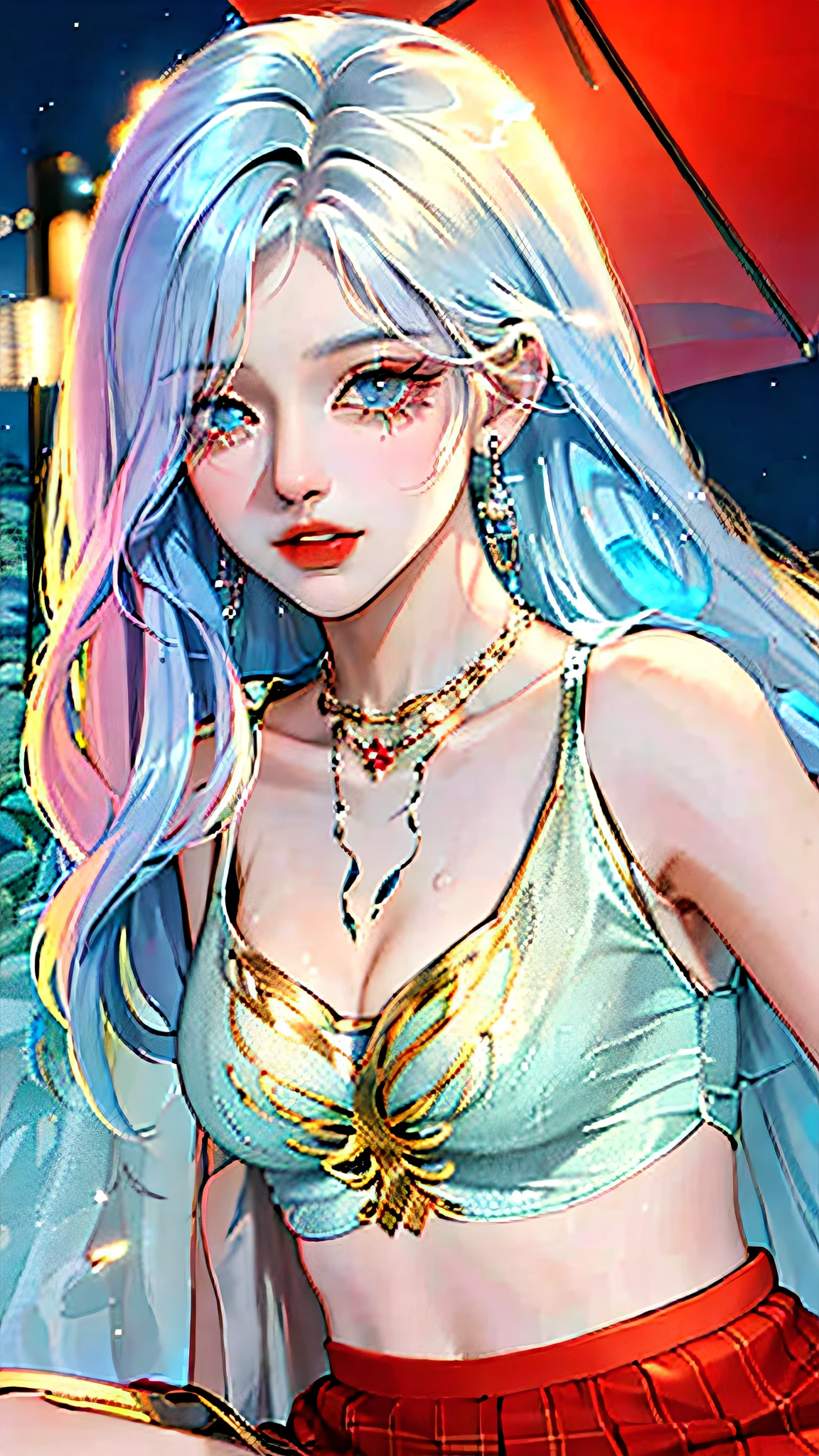 (masterpiece:1.4), (best quality:1.4), realistic, 1gril, solo, ((light blue hair)), hair ornament, long hair, blue eyes, collarbone, portrait, red lips, parted lips, (cleavage, pleated skirt), small breasts, blue nails, necklace, earrings, fashi-girl, looking at viewer, professional light, night, rain, outdoors,