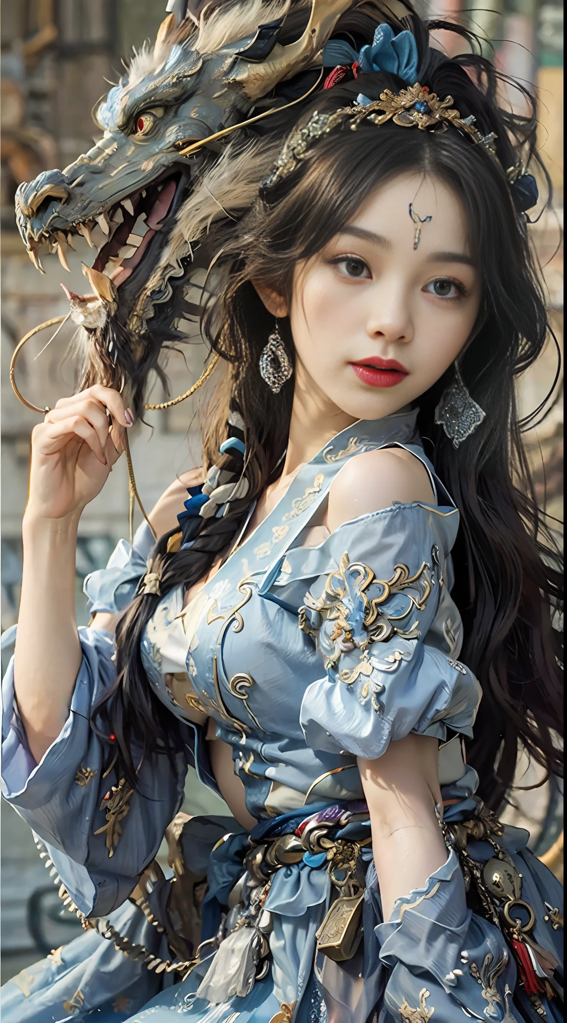 Zhong Fenghua, gorgeous hanfu, official art, Unity 8k wallpaper, super detailed, beautiful beauty, masterpiece, best quality, (tangled, tangled, tangled), (fractal art: 1.4), (character center: 1.3), 1 girl, dragon rape girl, shocking domineering chinese dragon, detailed dragon head, black hair, long ponytail, Chinese, off-the-shoulder,, very detailed, dynamic angle, denim lens with exposed leg skin, (most beautiful form of confusion), ethereal, (bright colors), oc, (half: 1.2), China, (Thangka Feitian: 1.5), (Ribbon: 1.3), (Dream: 1.5), (Hanfu: 1.5), Chinese Dragon, Chinese Phoenix, (Smile: 0.5), (Chinese God), (Masterpiece, Top Quality, Best Quality, Ultimate Detail, Highest Detail, Official Art, Beauty and Aesthetics: 1.2), Golden Ratio, Full Composition