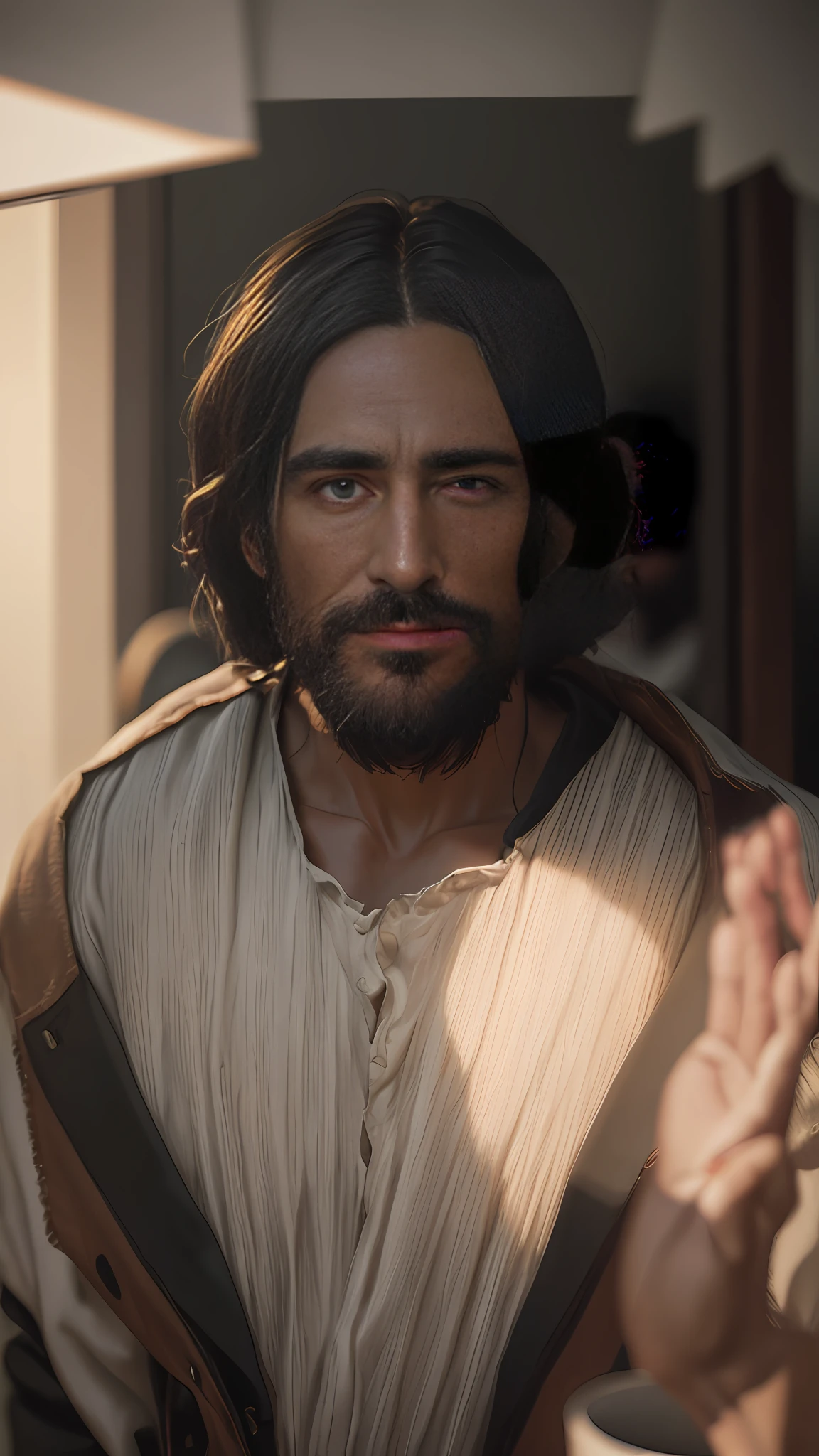Jesus Christ, Jesus Christ of Nazareth. High detail, social realism, surrealism, depth of field, cinematic lighting, chromatic aberration, blurry, reflection light, ray tracing, JPEG artifacts, shadow, super detail, high detail, high quality, best quality, 16k --auto --s2