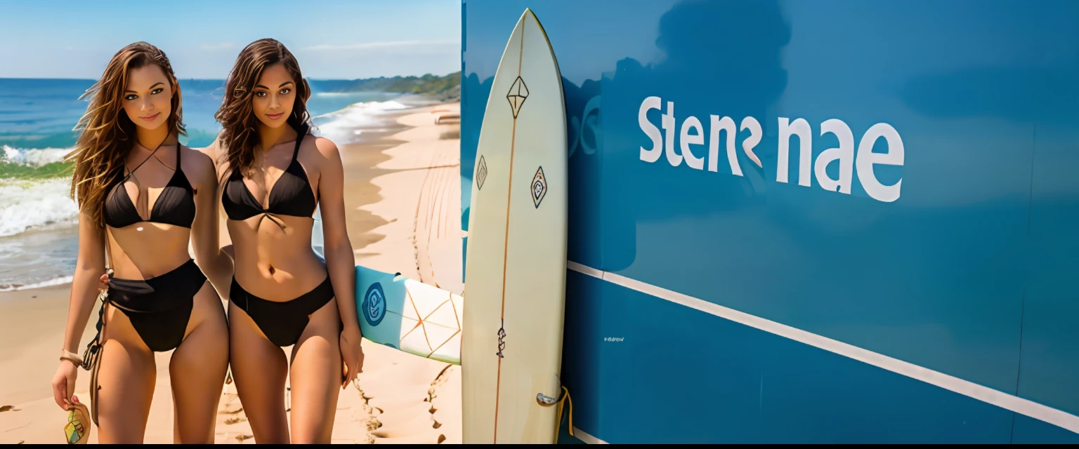 Stand on the beach, stand next to the surfboard, with the sea as a background, pose for a photo