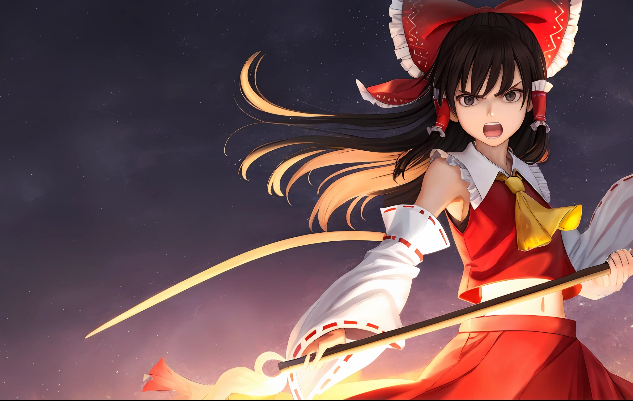 (best quality, masterpiece:1.2, 8K, Highly detailed), (anime, flat color, colorful), (an extremely delicate and beautiful), 1girl, solo, highly detailed eyes, highly detailed face, highly delicate background, perfect lighting, BREAK, HAKUREI REIMU, HAIR BOW, ASCOT, HAIR TUBES, MIKO, DETACHED SLEEVES, skirt, (black long hair, black eyes), fighting stance, BREAK, panorama, barrier, radial geometry resembling, branching of capillaries, BREAK, angry, open mouth