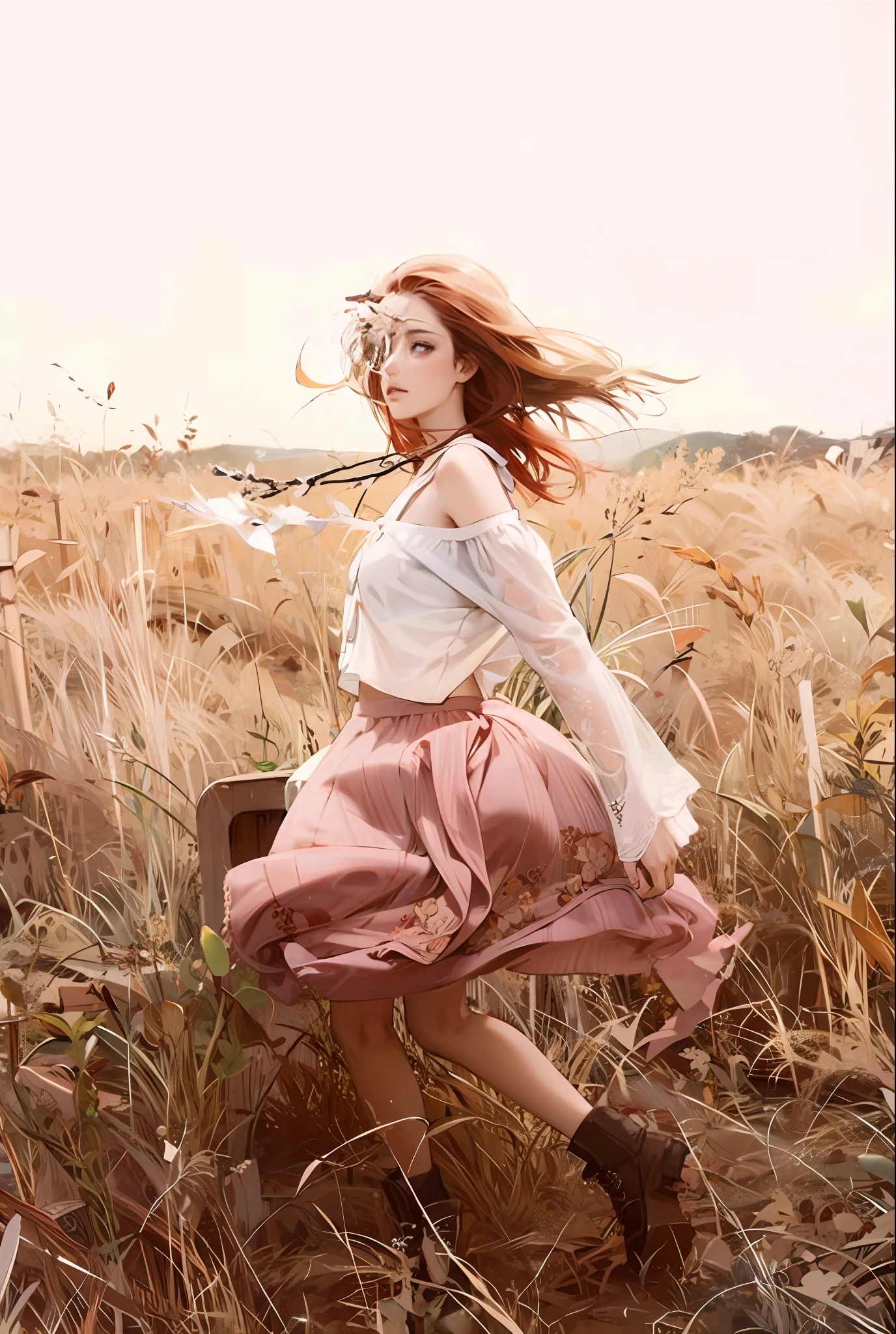 White, red hair, white clothes
