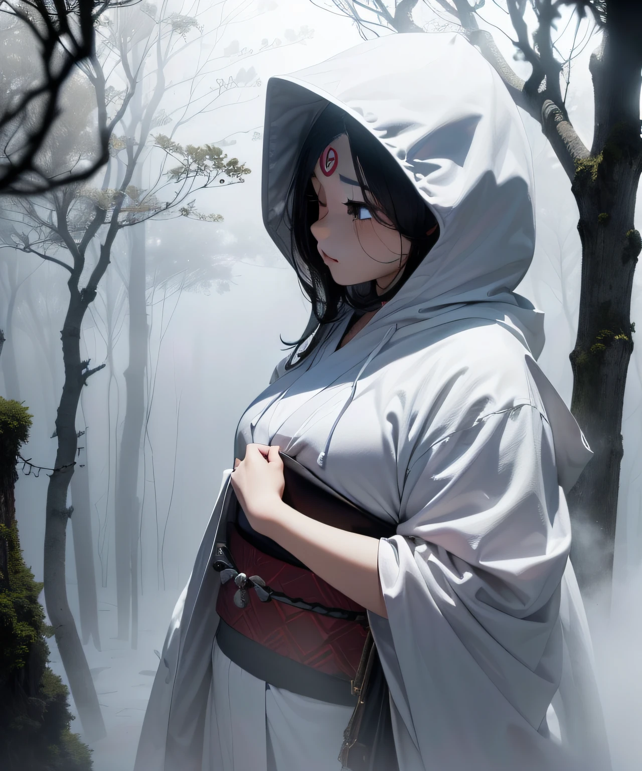 masterpiece, illusion, ghost of a girl, white costume, (((death costume)), (sutra mail), (triangular hood on forehead), Japan kimono, monochrome, full body, (dream: 1.2), scary dream, ((thick fog: 1.8)), ((thick fog so thick that it becomes difficult to see the figure)), (Den), dry ice, (((coming out of dense fog: 1.8)), (image born from dense fog: 1.8)))), (gradation from white to black), ( Fade in from black to white), (fog: 1.5), (snowstorm: 1.5), landstorm, dead trees, deep forest, (falling snow: 1.5)