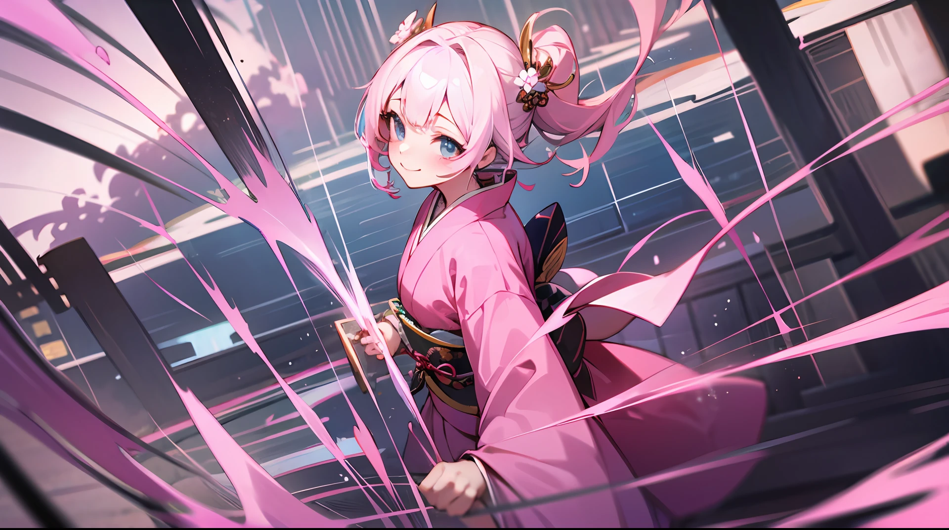 1girl,pink kimono, japanese clothes,sleeves past wrists, smile, dynamic angle, masterpiece, best quality, colorful --auto --s2