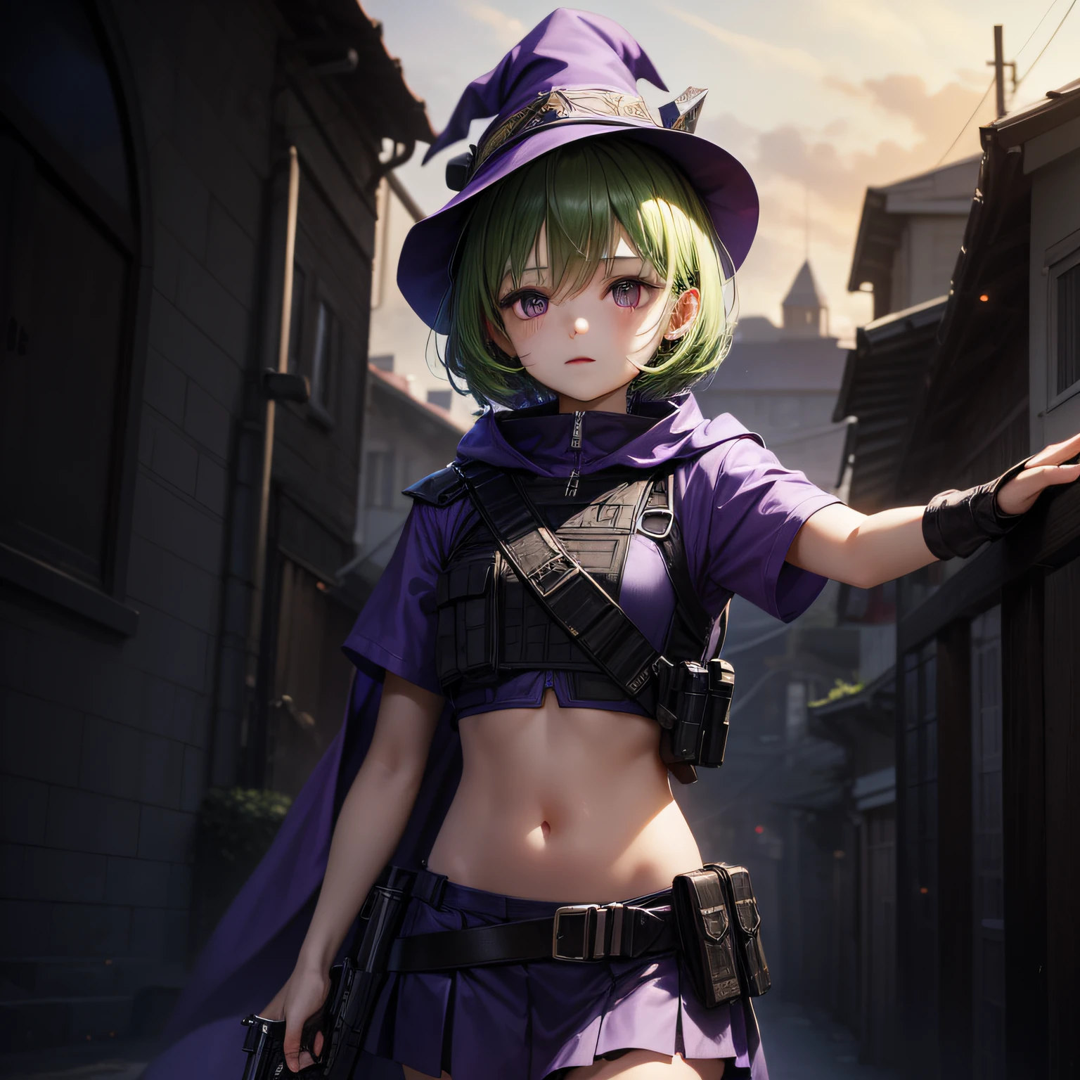 Top quality, very delicate and beautiful, (teenage girl), purple eyes, green hair, small, short hair, (purple pointy hat), one, having a tactical vest, short sleeves, purple skirt, purple wizard robe, navel and handgun