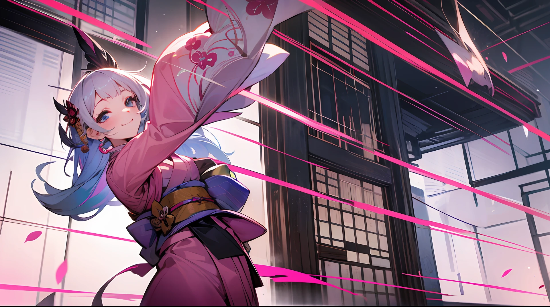 1girl,pink kimono, japanese clothes,sleeves past wrists, smile, dynamic angle, masterpiece, best quality, colorful --auto --s2