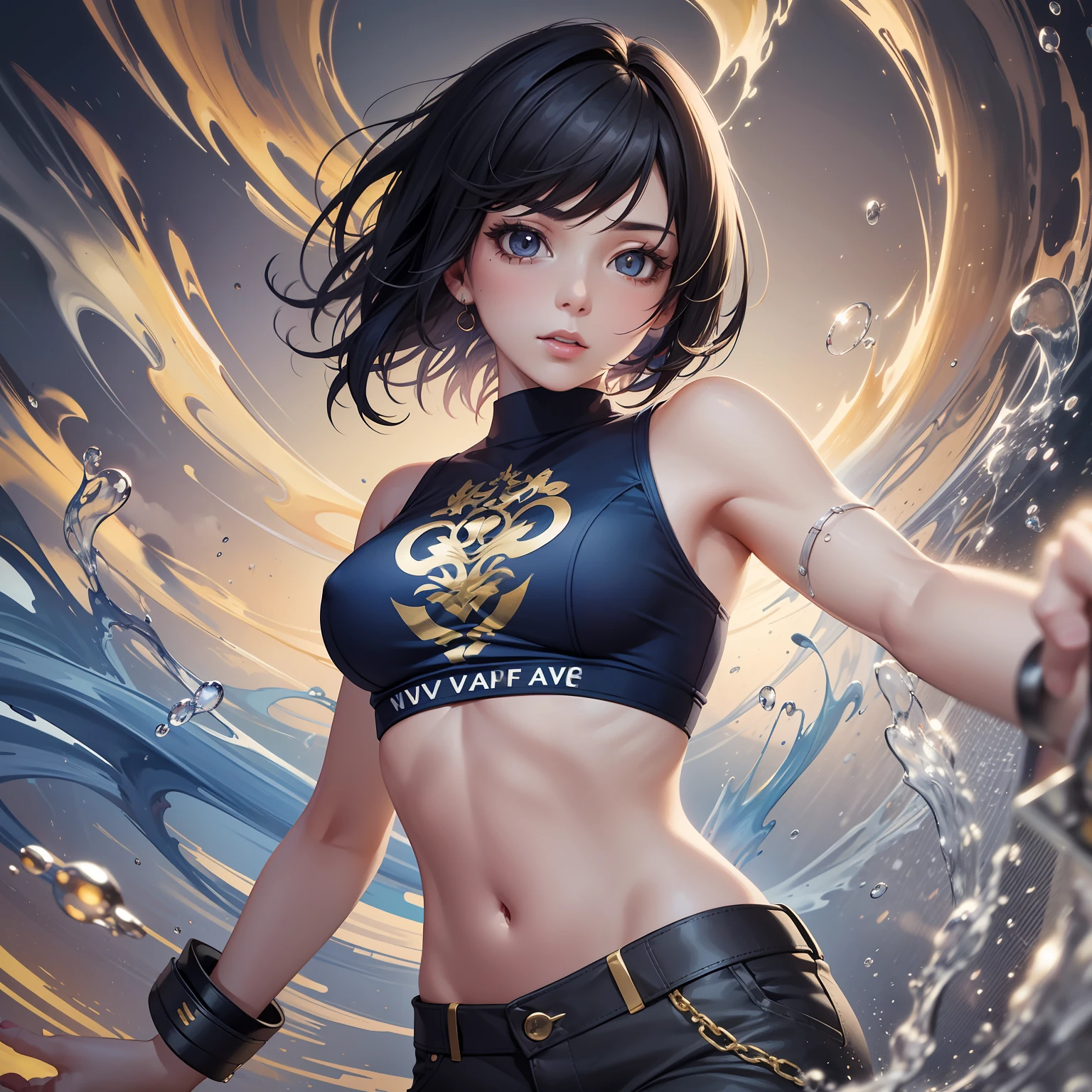 Award-winning snthwve nvinkpunk style half-body portrait of a woman in a croptop and cargo pants with navy blue ombre gold with moving head and flying hair, paint splashes, splashes, escape, vaporware, shaded flat illustration, digital art, trend on artstation, highly detailed, fine details, intricate, (very small breasts)