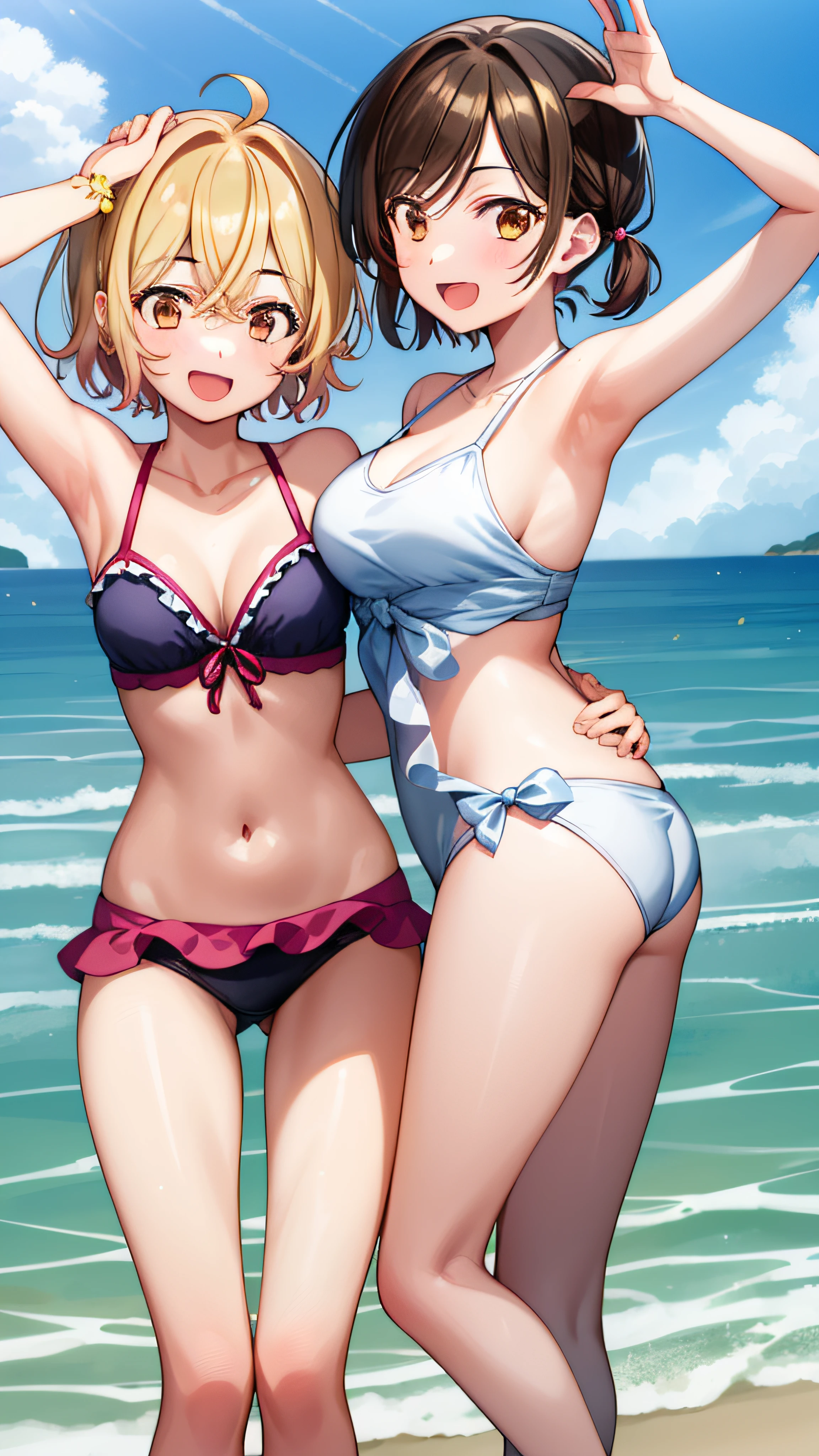 It shows 2 girls in a picture, one who is Mami Nanami, the other girl who is Chizuru mizuhara, on the beach wearing a swimsuit, both smiling