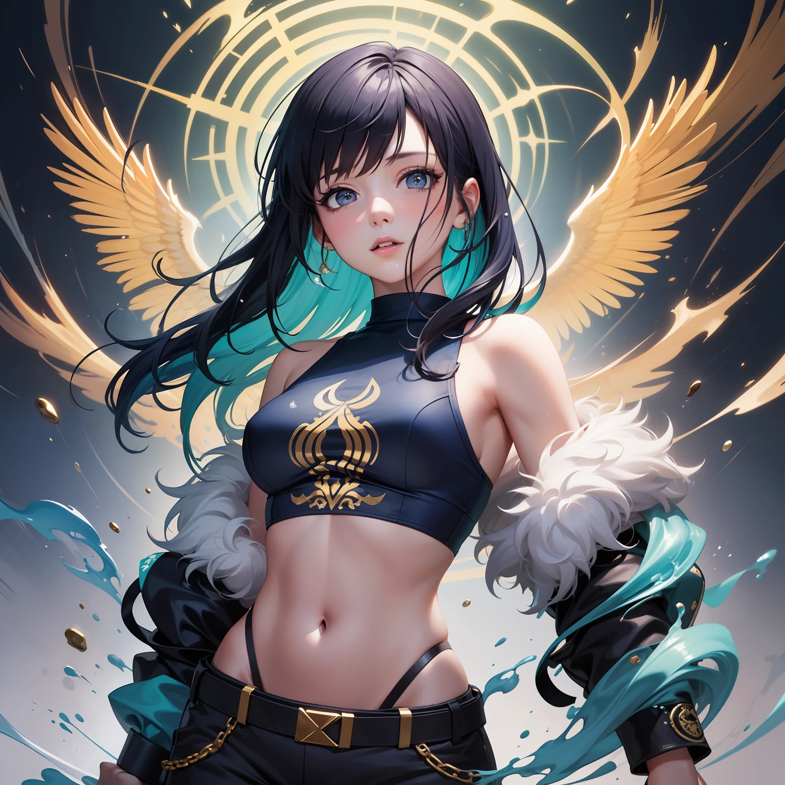 Award-winning snthwve nvinkpunk style half-body portrait of a woman in a croptop and cargo pants with navy blue ombre gold with moving head and flying hair, paint splashes, splashes, escape, vaporware, shaded flat illustration, digital art, trend on artstation, highly detailed, fine details, intricate, (very small breasts)