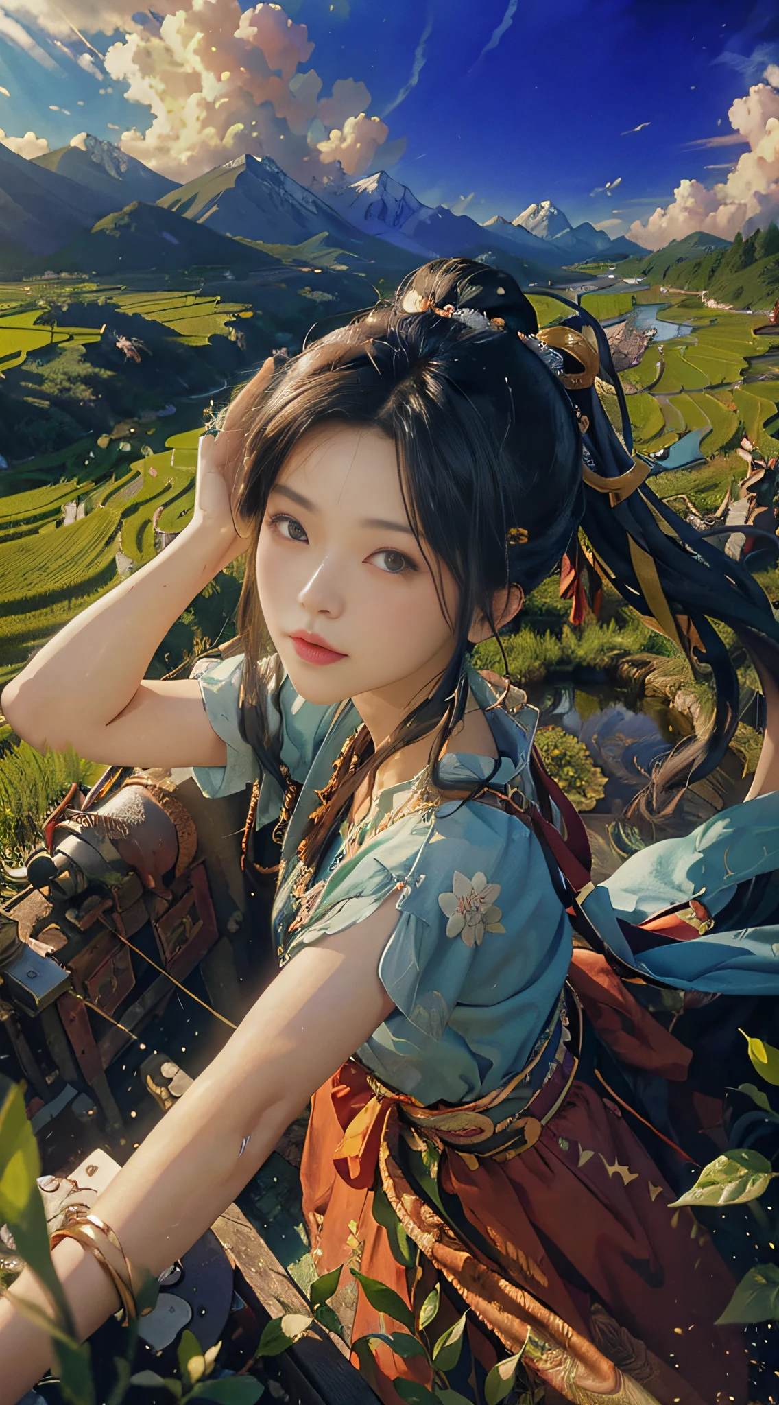 (((best quality)))), ((super detailed)), (illustration), (dynamic angle), ((floating)), (from above) tea picker, big clouds, blue sky, rice fields, neat rice seedlings in the field, forest, hillside, secluded, rural,